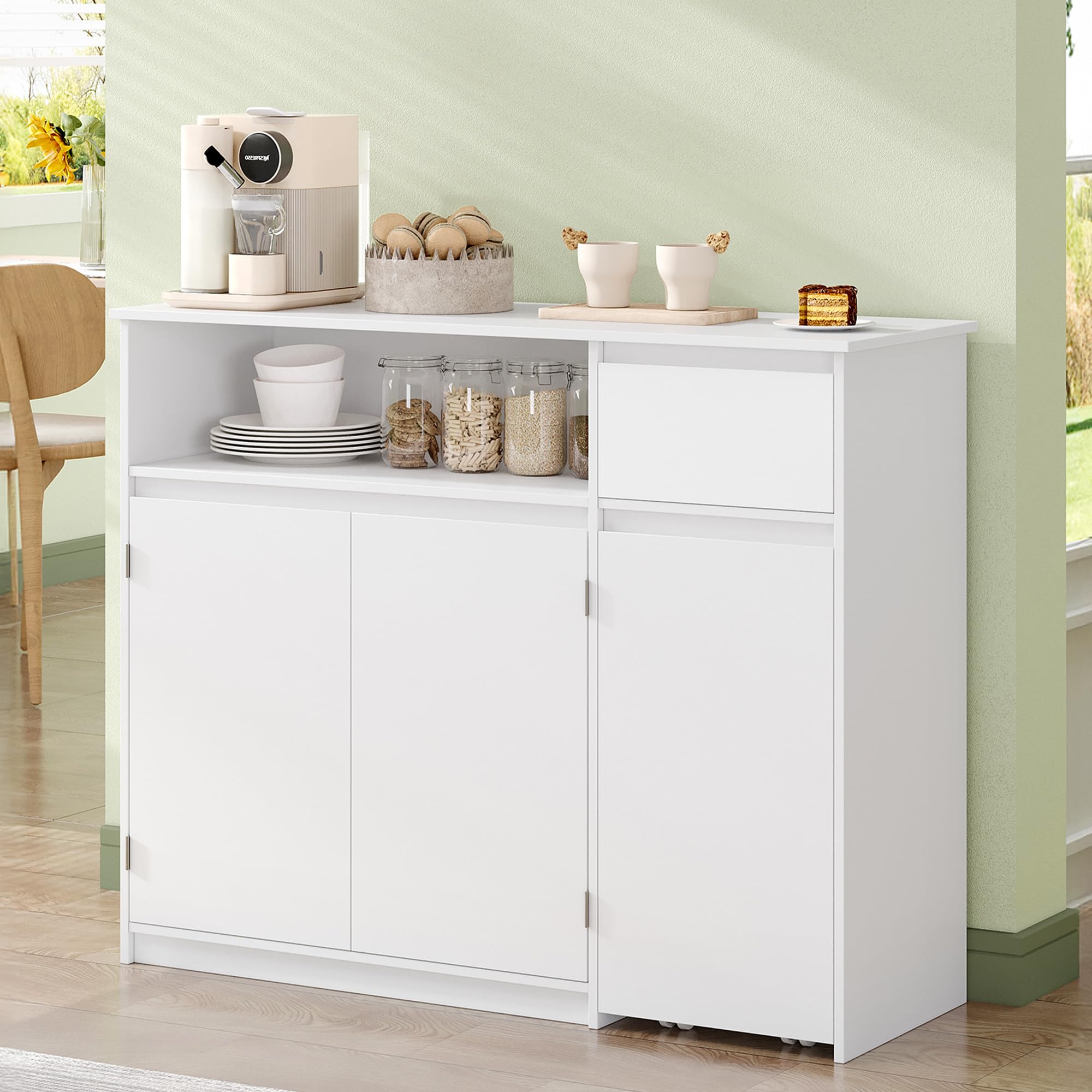 HEXCELEN Sideboard, Küchenschrank, Aufbewahrungsschrank mit Rollwagen, Schubladen und Verstellbaren Einlegeböden für Esszimmer, Küche und Wohnzimmer, Modern, 35 x 100 x 80 cm, Weiß