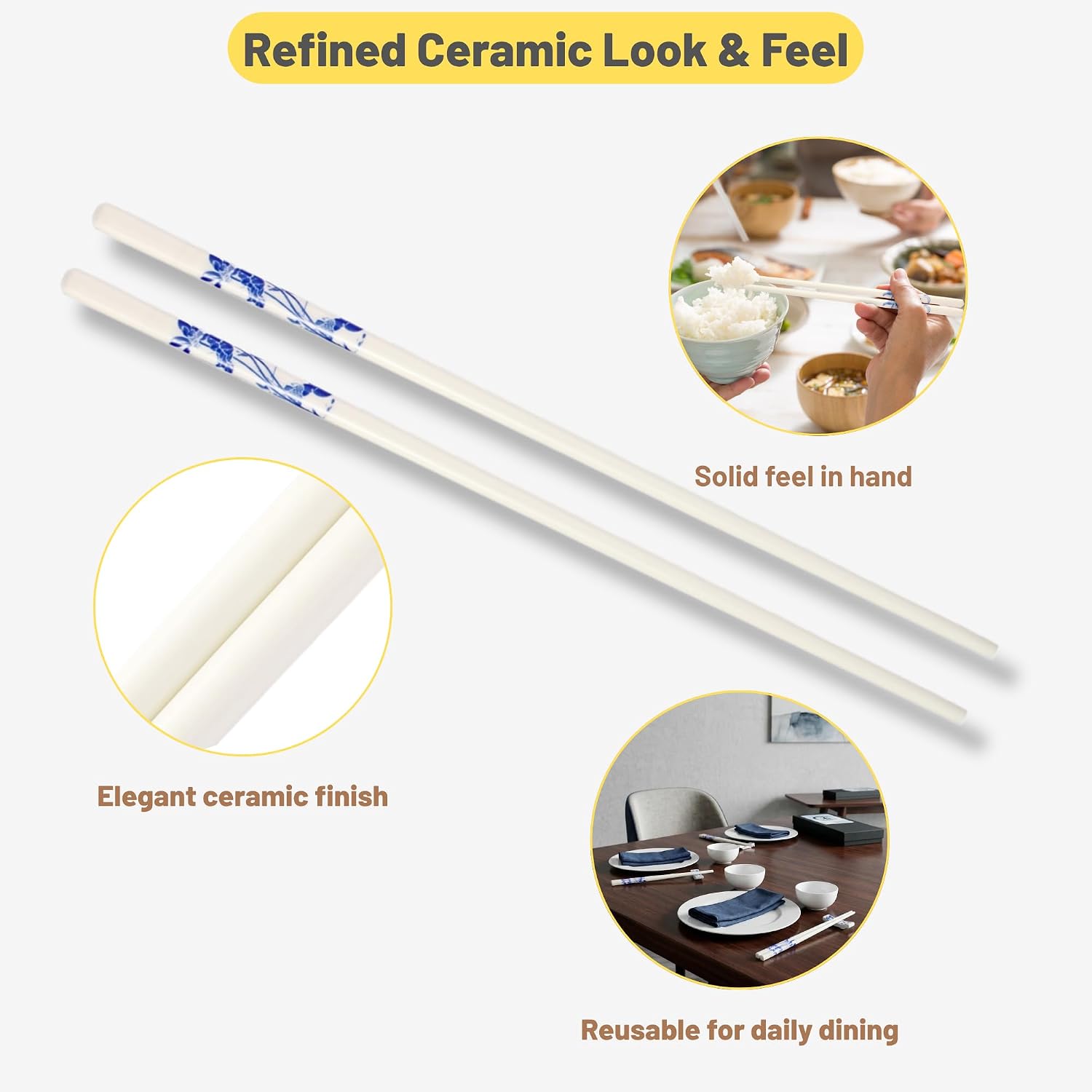 Porcelain Chopsticks Set of 5 Pairs, Reusable Bone Ceramic Chopsticks, Dishwasher Safe, Non-Slip Design, Elegant Gift Box for Family or Restaurant Use (lotus)