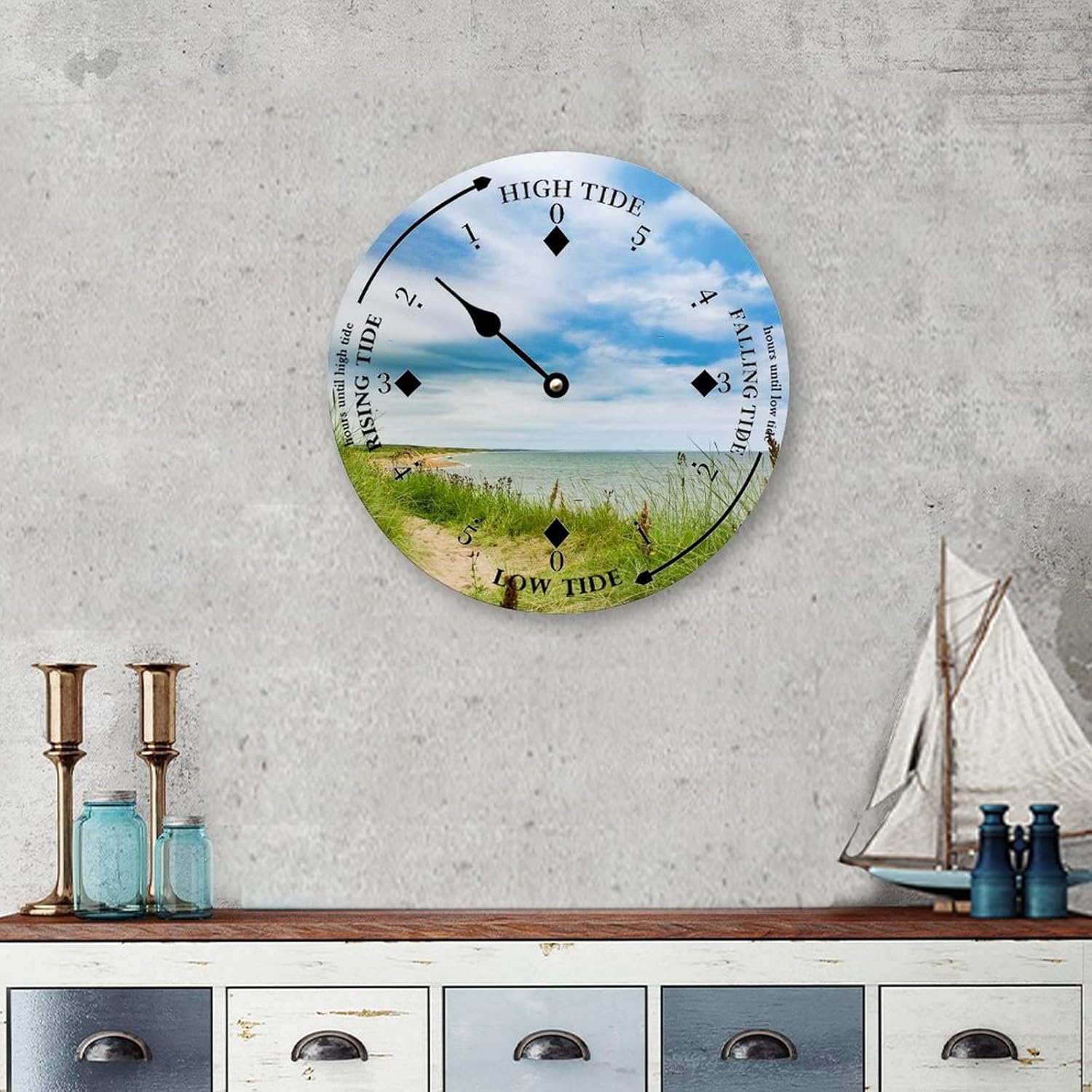 Tide Clock with High and Low Tide Grassland and Cloud Wall Wooden Moon Tidal Clock Ocean Time Coastal Clock Nautical Tide Movement Clock for Beach House Deck Board