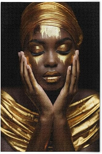 Golden African Women Jigsaw Puzzles 500 Pieces for Adults,Learning Educational Puzzles,Difficult and Challenge Families Toys with Mesh Storage Bag