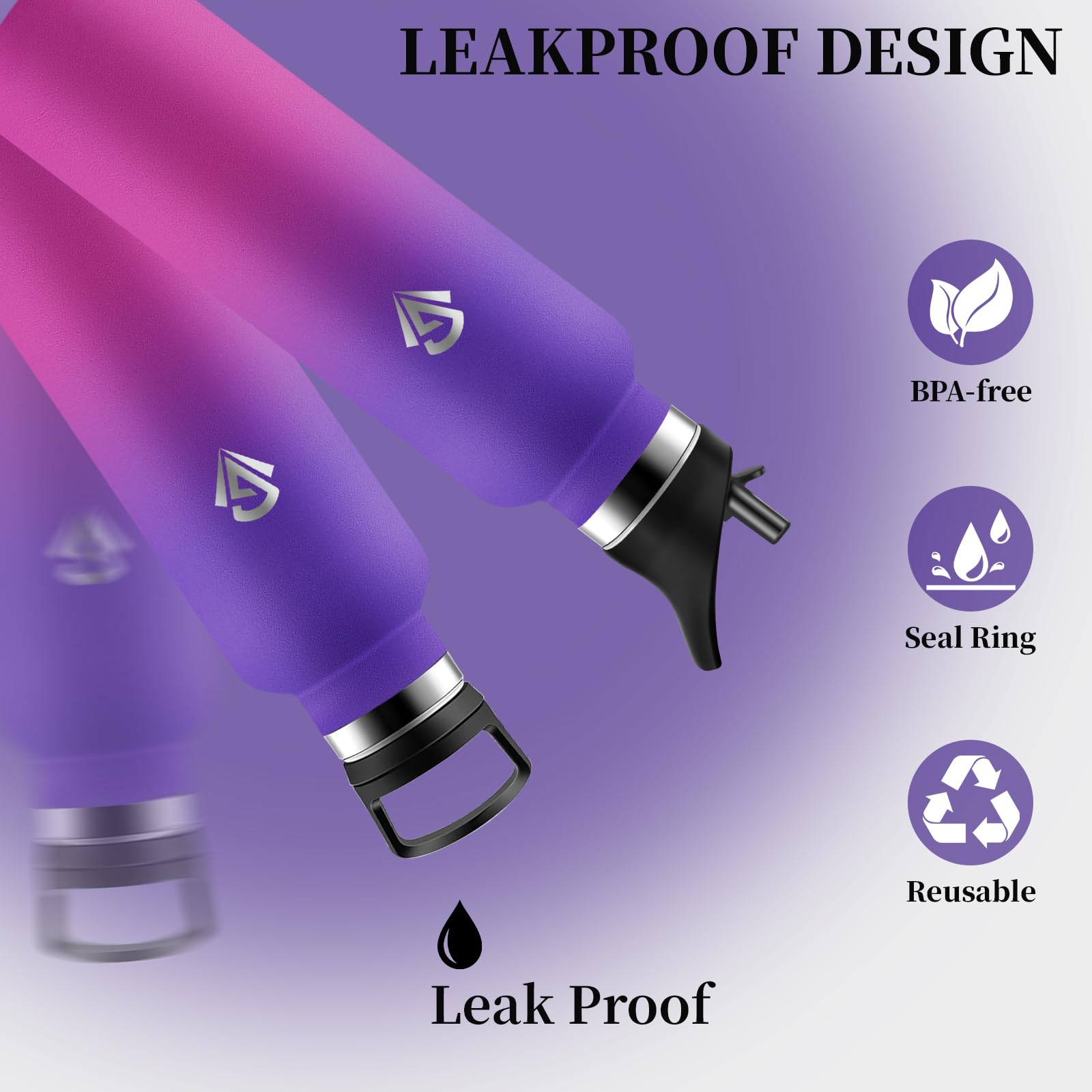 Botella Agua Acero Inoxidable, Botella Termica 1 litro con Pajita, Cantimplora Termica con 2 Tapones, Prueba de Fugas Botella Agua Gimnasio para Cámping, Senderismo, Deporte - 5