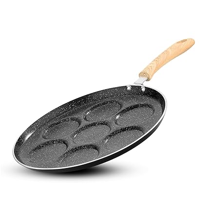 Bergner Bellini Plus Aura 5-Layer Non-Stick 7 Pit Uttapam Tawa with Wooden Finish Soft Touch Handle, 7 Cavity Pancake Maker, Minimum Oil Cooking, PFOA Free, Induction Bottom, Gas Stove Ready - Black