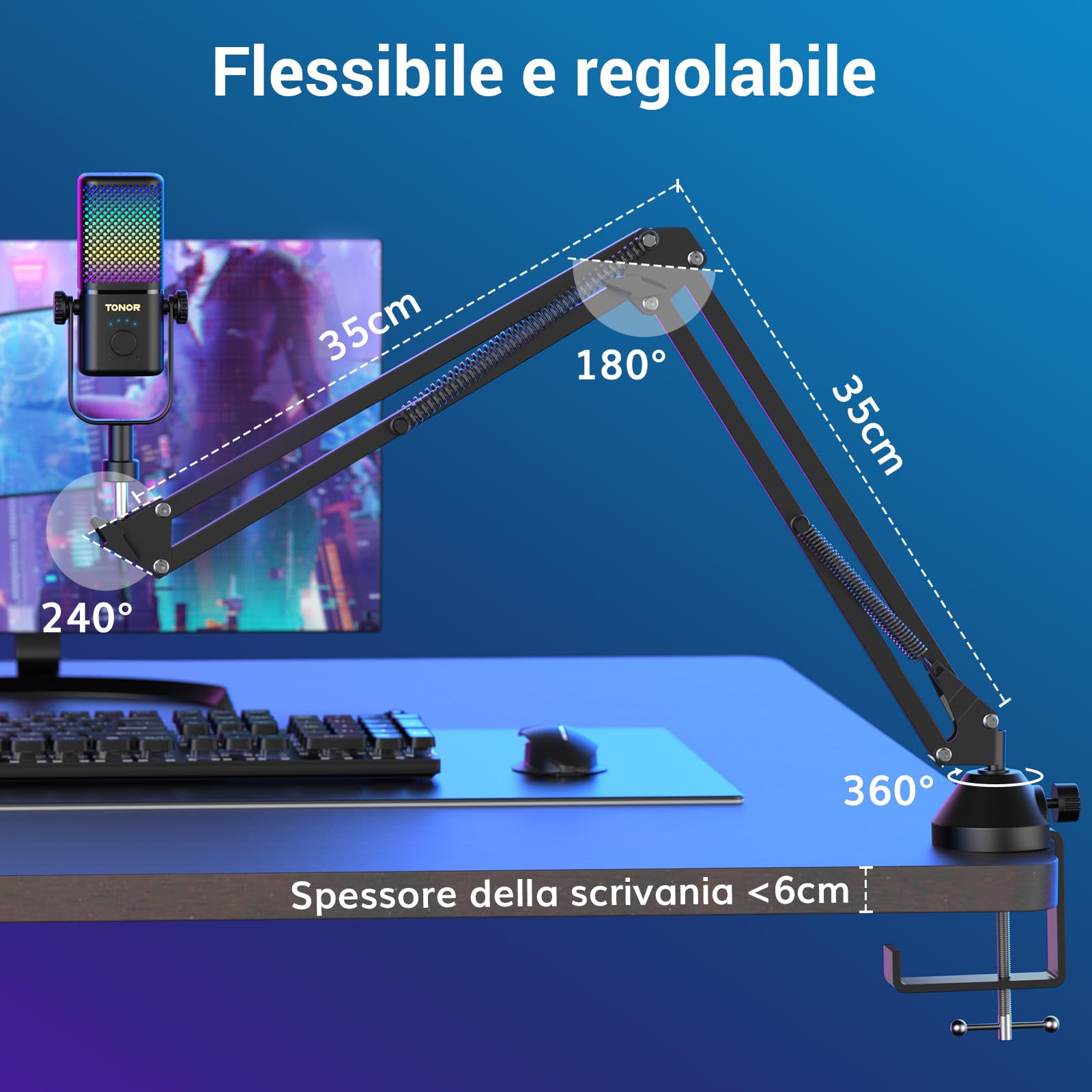 TONOR Microfono Gaming Compatibile con Xbox, Microfono RGB per Streaming con 30H di Autonomia,Basso Rumore,Silenziamento con un Tocco,Ricarica Rapida,Compatibile con Scheda di Acquisizione,200cm,TCX3+