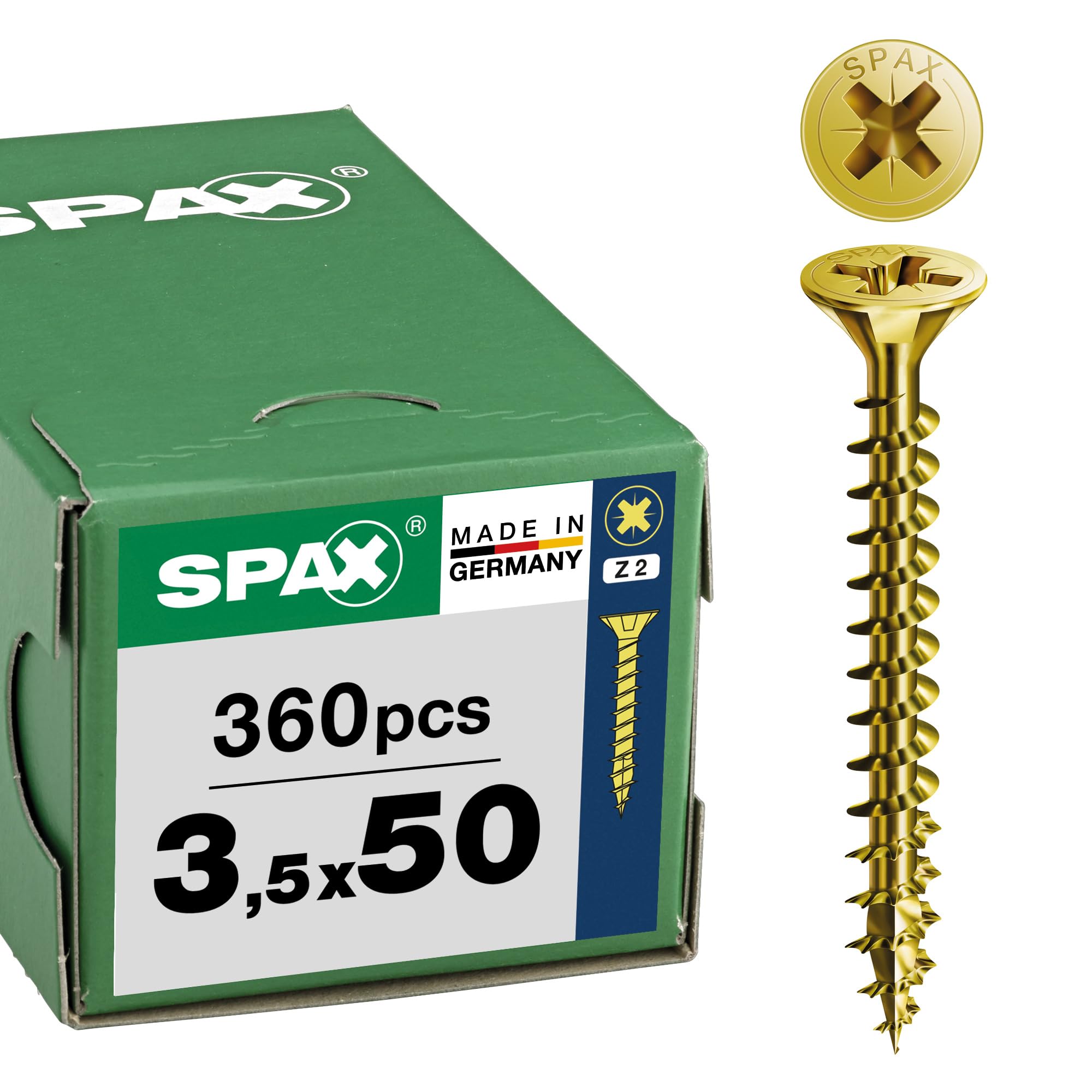 SPAX Tornillo universal 3,5 x 50 mm, 360 unidades - Tornillos para madera, rosca completa, cabeza avellanada, ranura en cruz Z2, 4CUT, recubrimiento YELLOX - 8000000286933