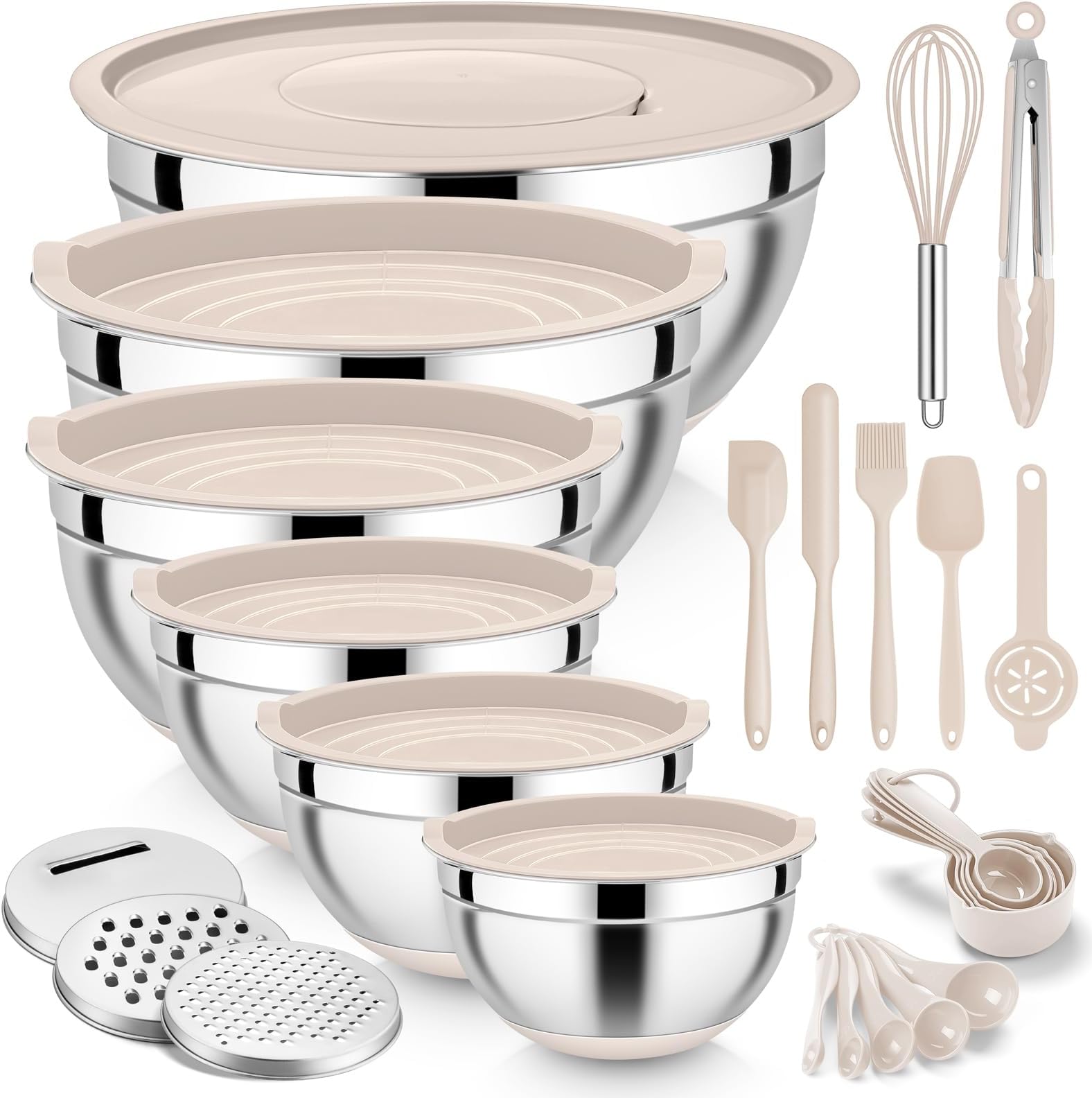 - 25PCS Mixing Bowls with Lid Set, Stainless Steel Nesting Prep Bowls with Grater Attachments Non-Slip Bottoms for Cooking, Serving, Food Storage, 4.6/2.6/2/1.5/1/0.7QT - Khaki