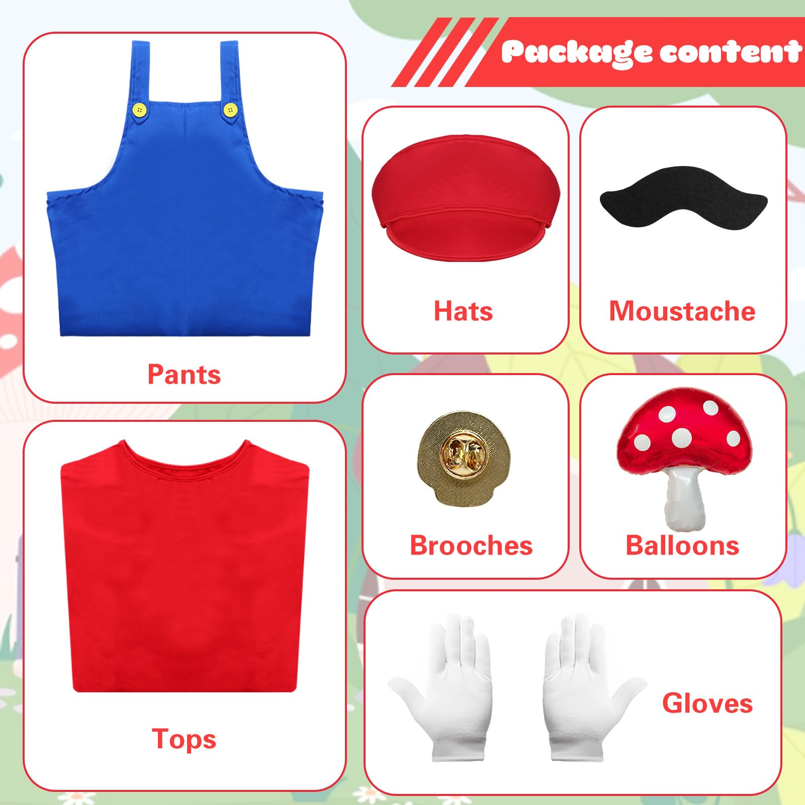 Amycute Costume Carnevale Bambino Adulto, Set Costumi Cosplay con Vestito, Pantaloni, Cappello, Guanti, Baffi Finti, Cosplay Costume per Carnevale Halloween