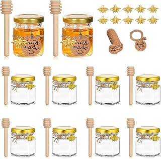 Yiyifor Mini Tarros de Miel, 10 Piezas 35ml Tarros de Miel de Cristal,con Cucharones de Madera,Tapas Doradas,Colgantes de Abeja,Yute,Circular Dispensador de Miel,para Regalos,para Fiestas de Boda