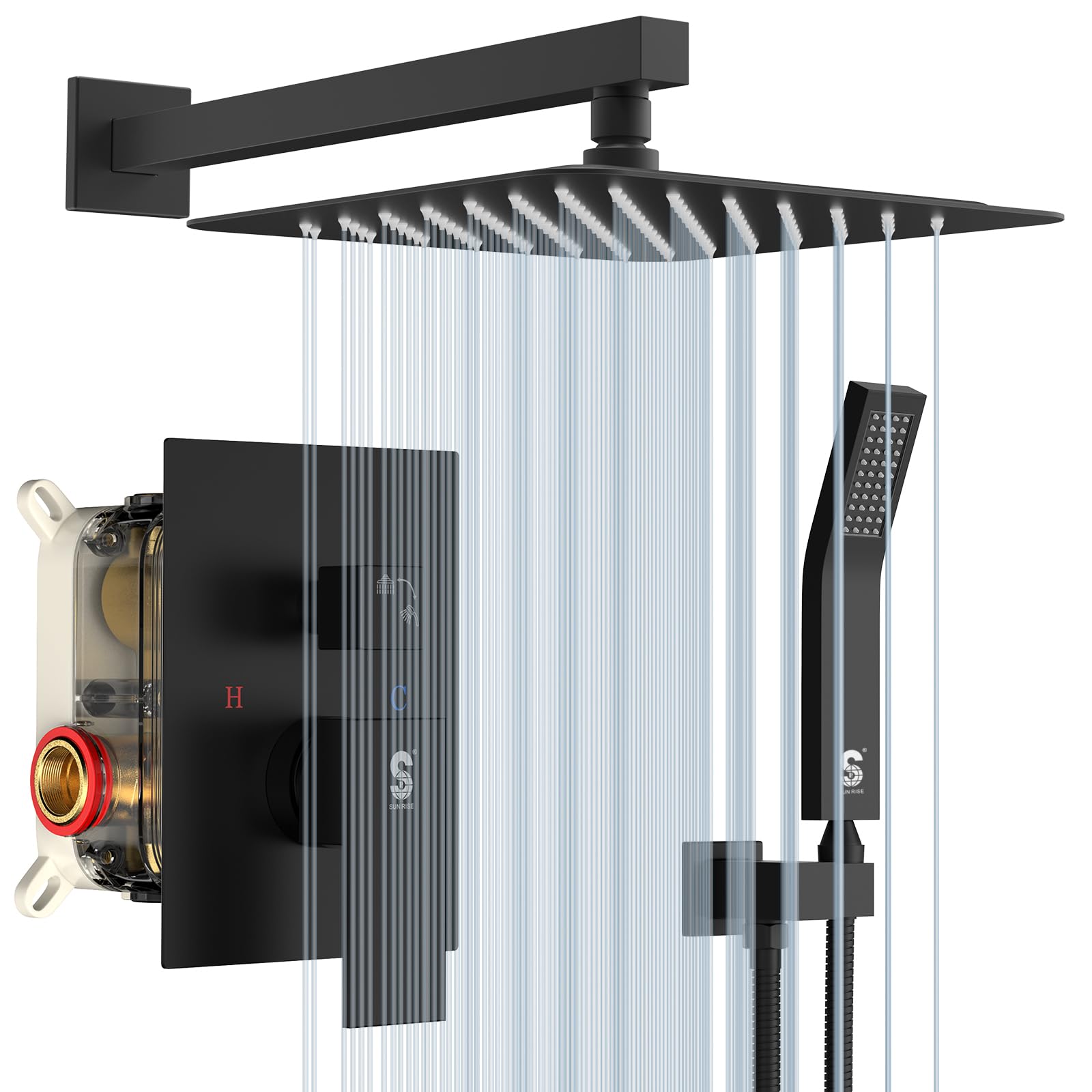 SR Sun Rise 10 Inches Matte Black Shower System Wall Mounted Shower Faucets Sets Complete. Contain Shower Faucet Rough-in Valve Body and Trim Kit