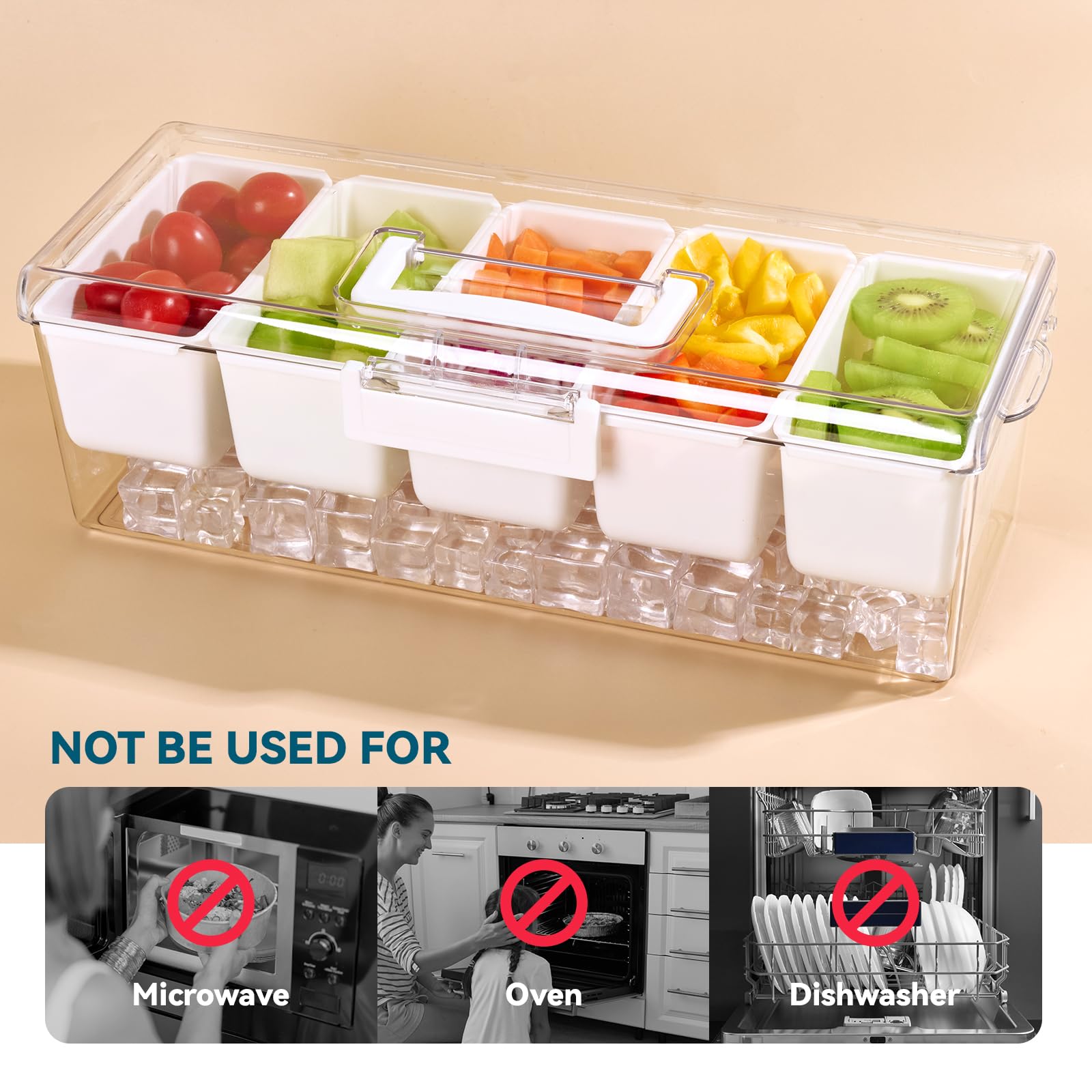Lot de 2 plateaux à condiments réfrigérés avec 5 compartiments amovibles et poignée cachée, organisateur de condiments glacés, plateau de service transparent pour camping, fruits, salade