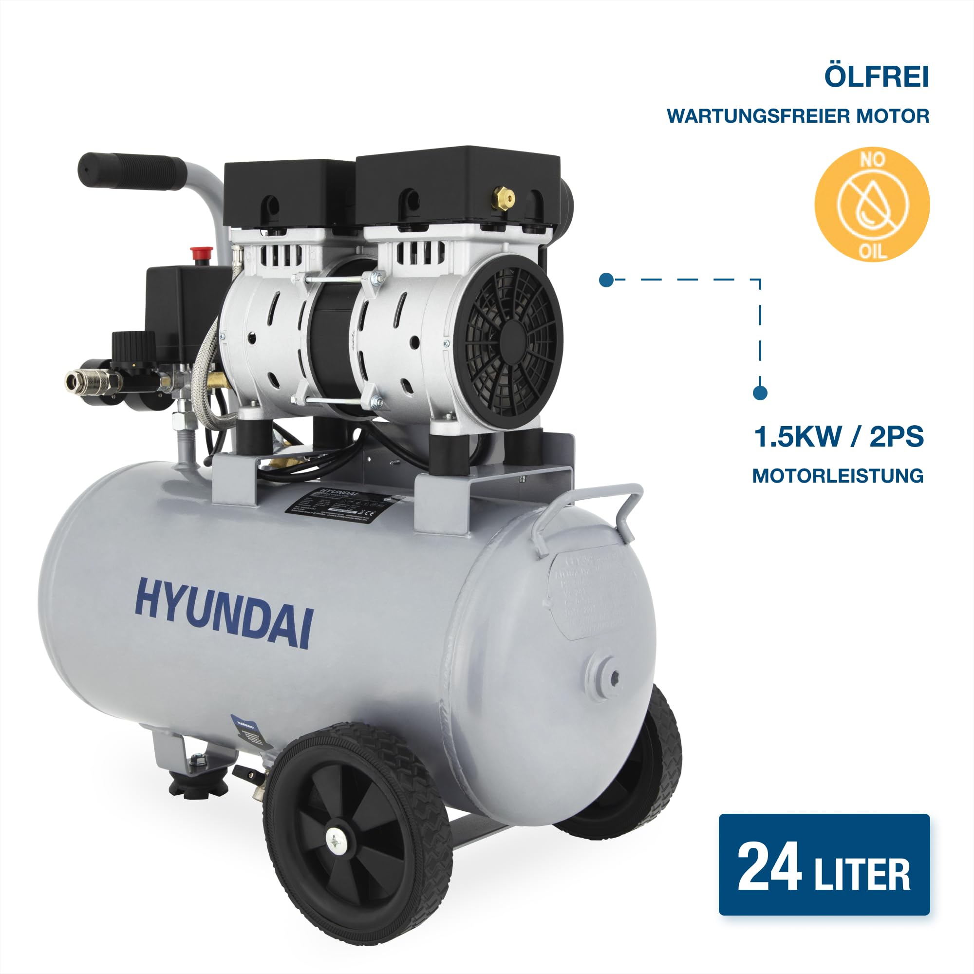 HYUNDAI Silent Kompressor SAC15024 SET | 24L Kessel | 1.5kW (2PS), 9bar | 202 L/Min Ansaugleistung | Luftkompressor leise, ölfrei | 1 Anschluss | geräuscharmer Flüsterkompressor | mit Zubehör