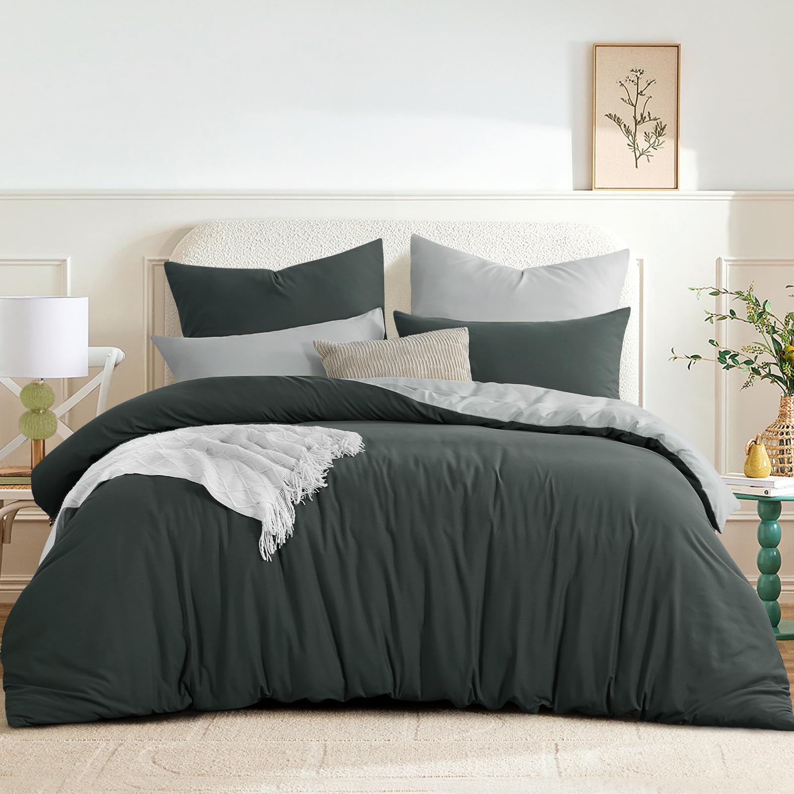 RUIKASI Dark Grey Double Duvet Set, Reversible Light Grey Duvet Cover Double Bedding Set including Zip - Image 2