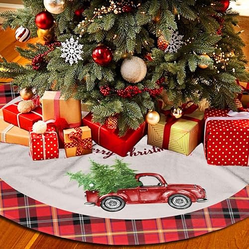 Red Truck Christmas Tree Skirt Buffalo Plaid Christmas Tree Mat Xmas Ornaments for Holiday Christmas Party Decorations