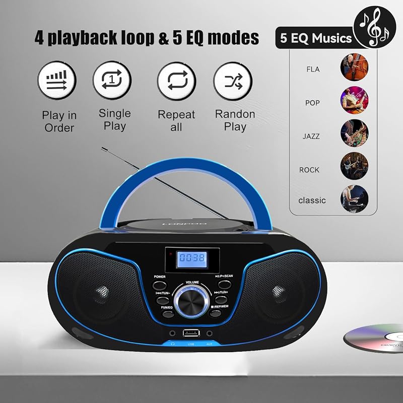LONPOO Hordozható CD Lejátszó Bluetooth Rádió USB Stereo Boombox