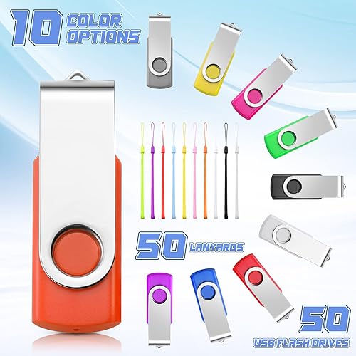 Miniatura 4 de Paquete de 50 unidades flash USB a granel con cordones USB 2.0, unidad flash giratoria de almacenamiento a granel con luz LED para almacenamiento de