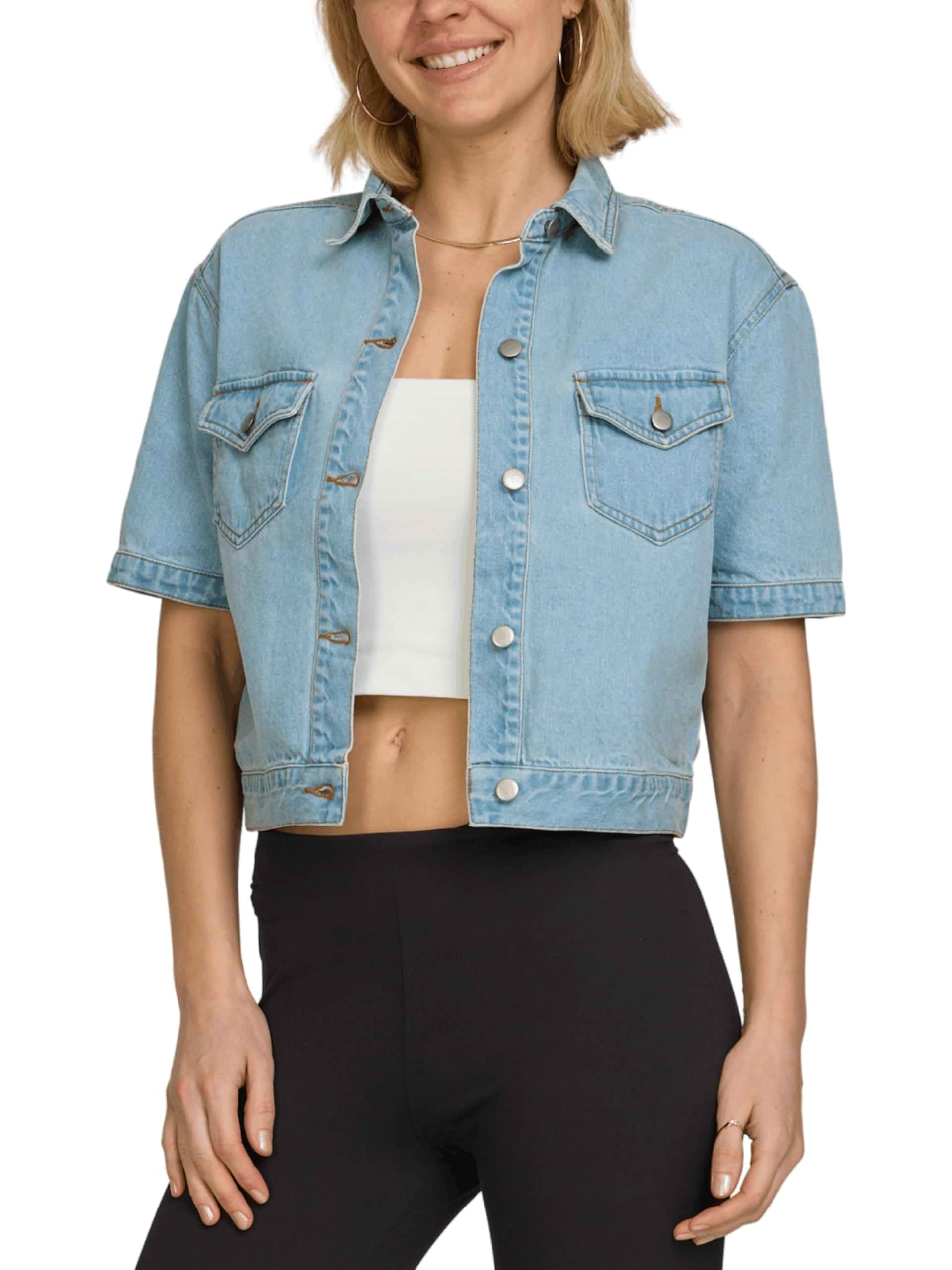 American Denim Short Sleeve Denim Jacket for Women, Cropped Button Front