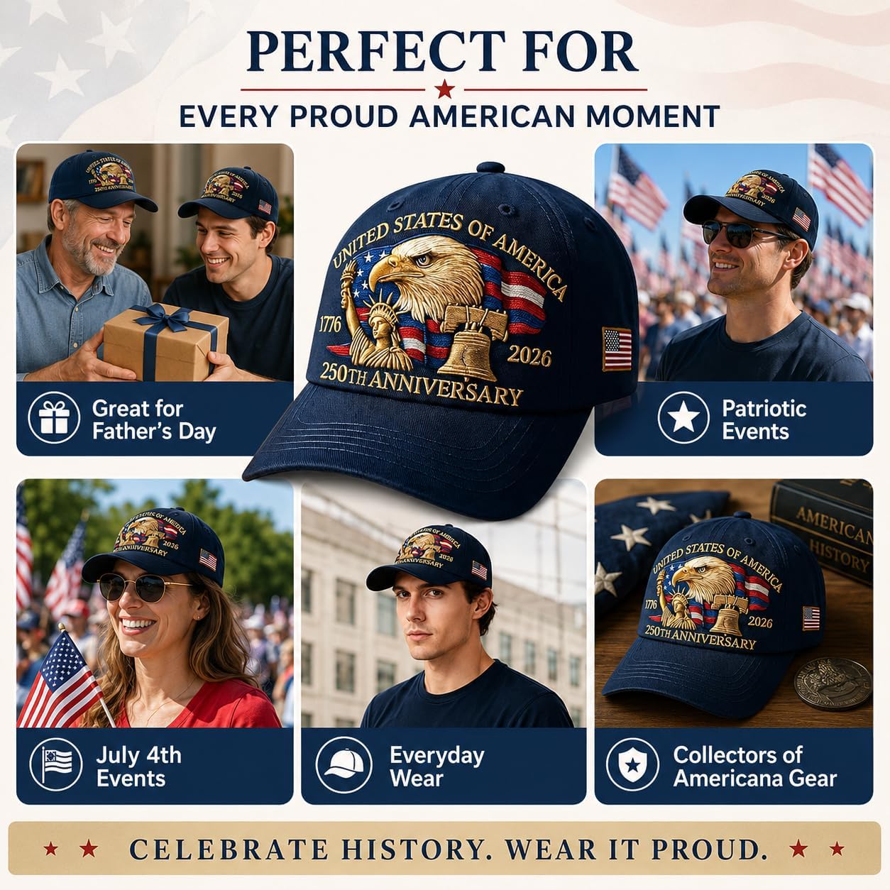 250 Anniversary USA Hat, Patriotic Embroidered Baseball Cap, for Dad, Patriot Cap 1776-2026