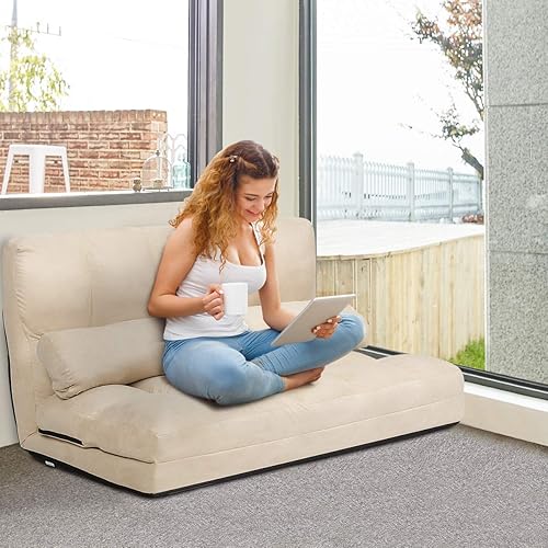 Miniatura 9 de S AFSTAR Safstar Sofá plegable y futón de suelo, sofá cama de tela de 6 posiciones con 2 almohadas y relleno de esponja, sofá perezoso ajustable