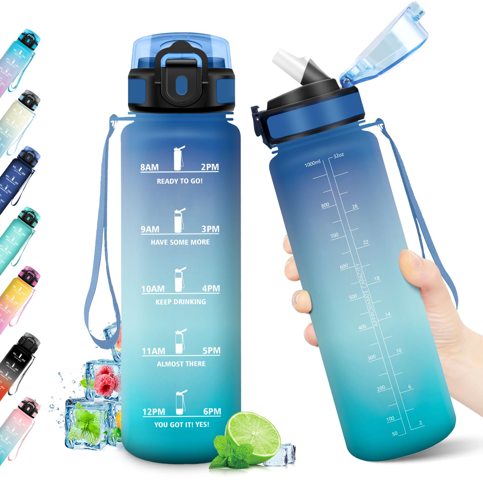 Borraccia 1L, Borraccia con Cannuccia, Bottiglia Riutilizzabile, Borraccia Sportiva con Marcatori Temporali, Bottiglia senza BPA, A Prova di Perdite, Borraccia Sport per Fitness, Scuola, Ufficio