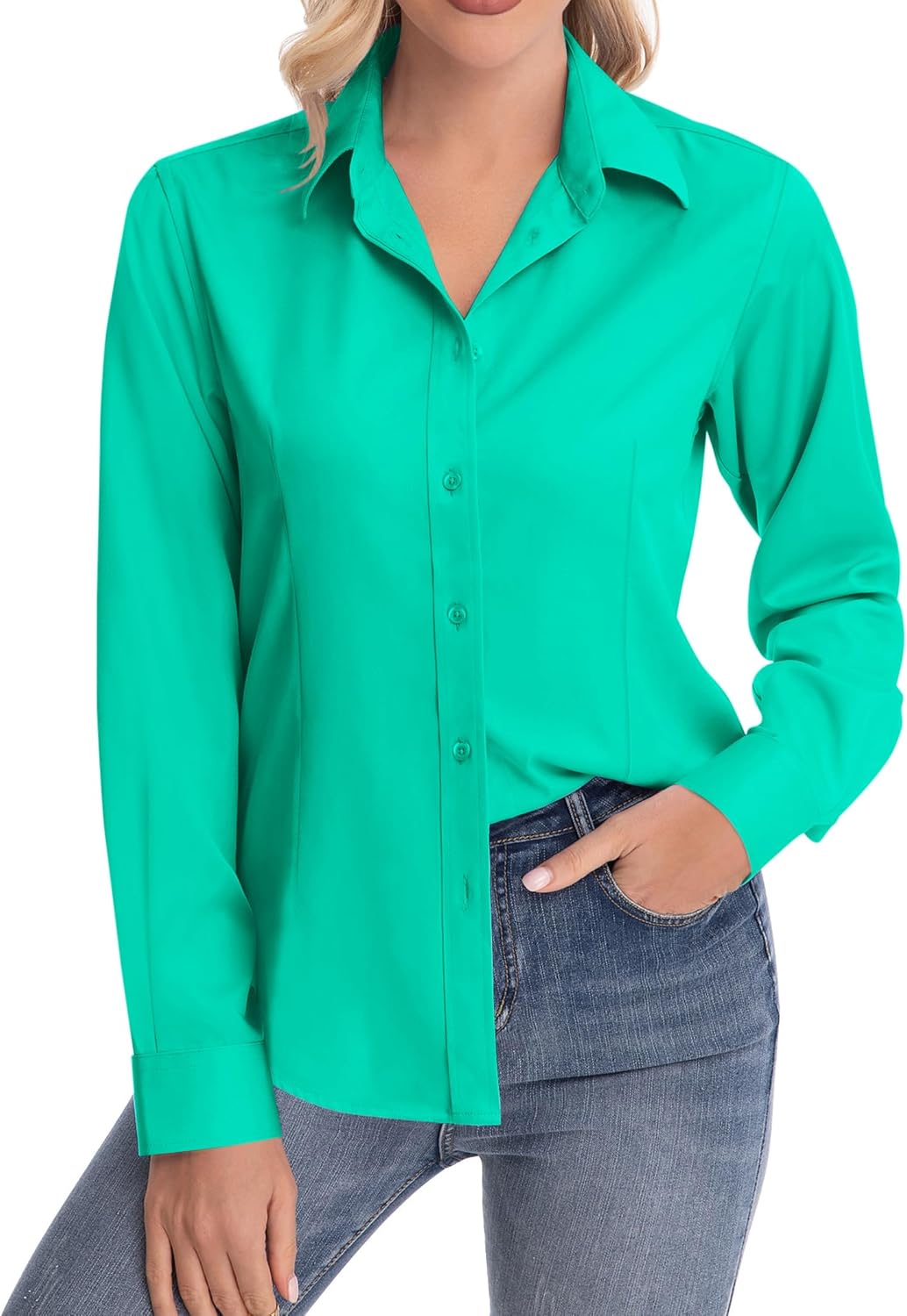 siliteelon Womens Classic-Fit Dress Shirts Long Sleeve Button Down Wrinkle-Free Stretch Solid Casual Work Office Blouse Top - Image 2