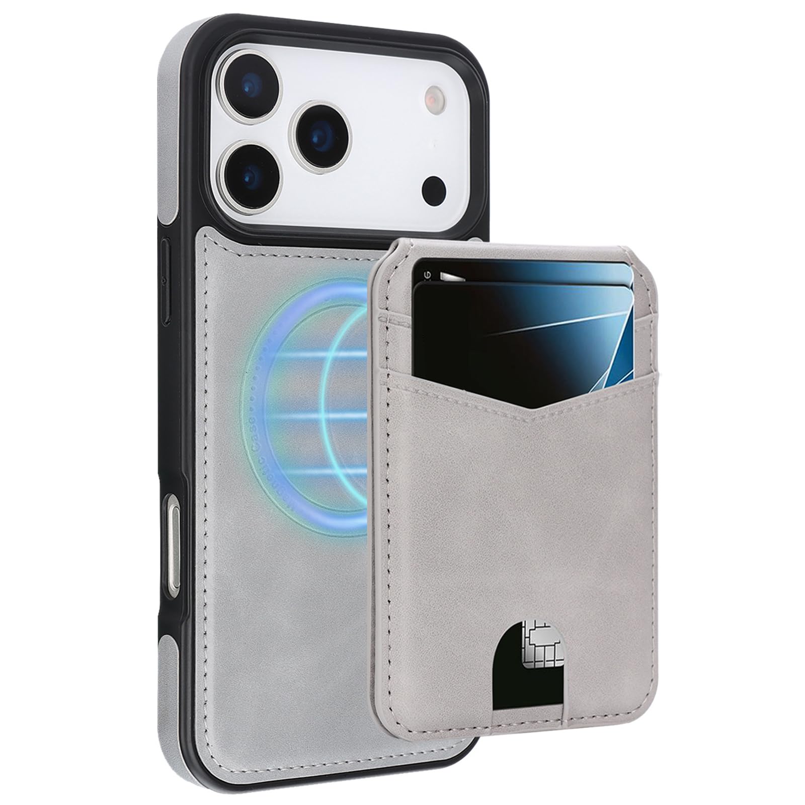 MFAOSHI Magnetic Case for iPhone 17 Pro Max/17 Pro/17 Air/17, Slim Business Detachable Card Holder Leather Cover with Kickstand Function Case,Grey,17 ProMax