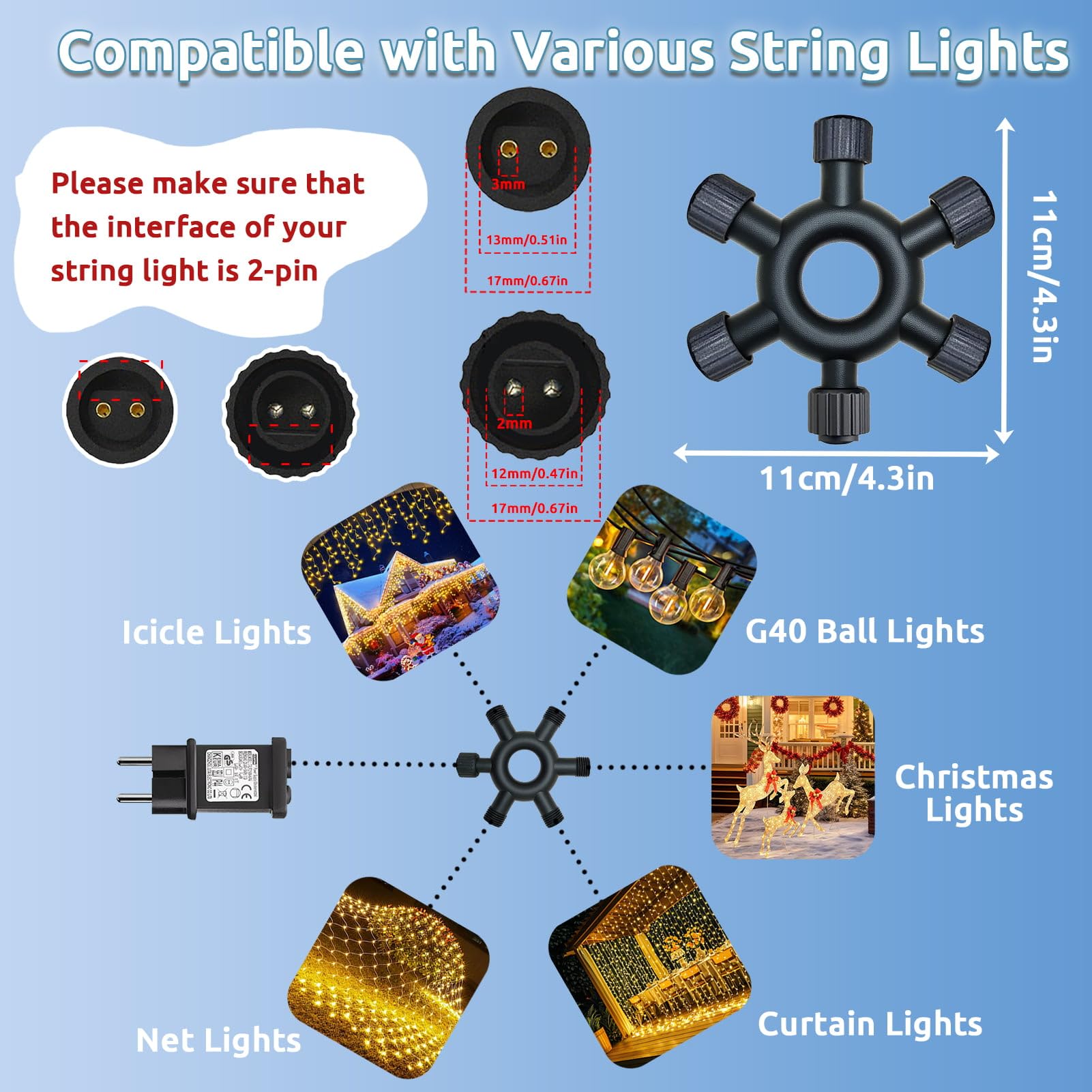 Dekofun Connettore Luci Natale 2 Pin Splitter Per Luci Natalizie, Connettori Trasformatore 1-a-3 Connettore Elettrico, IP65 Impermeabile Presa Adattatore Per Catena Luminosa Natalizia Da Esterno - Foto 5