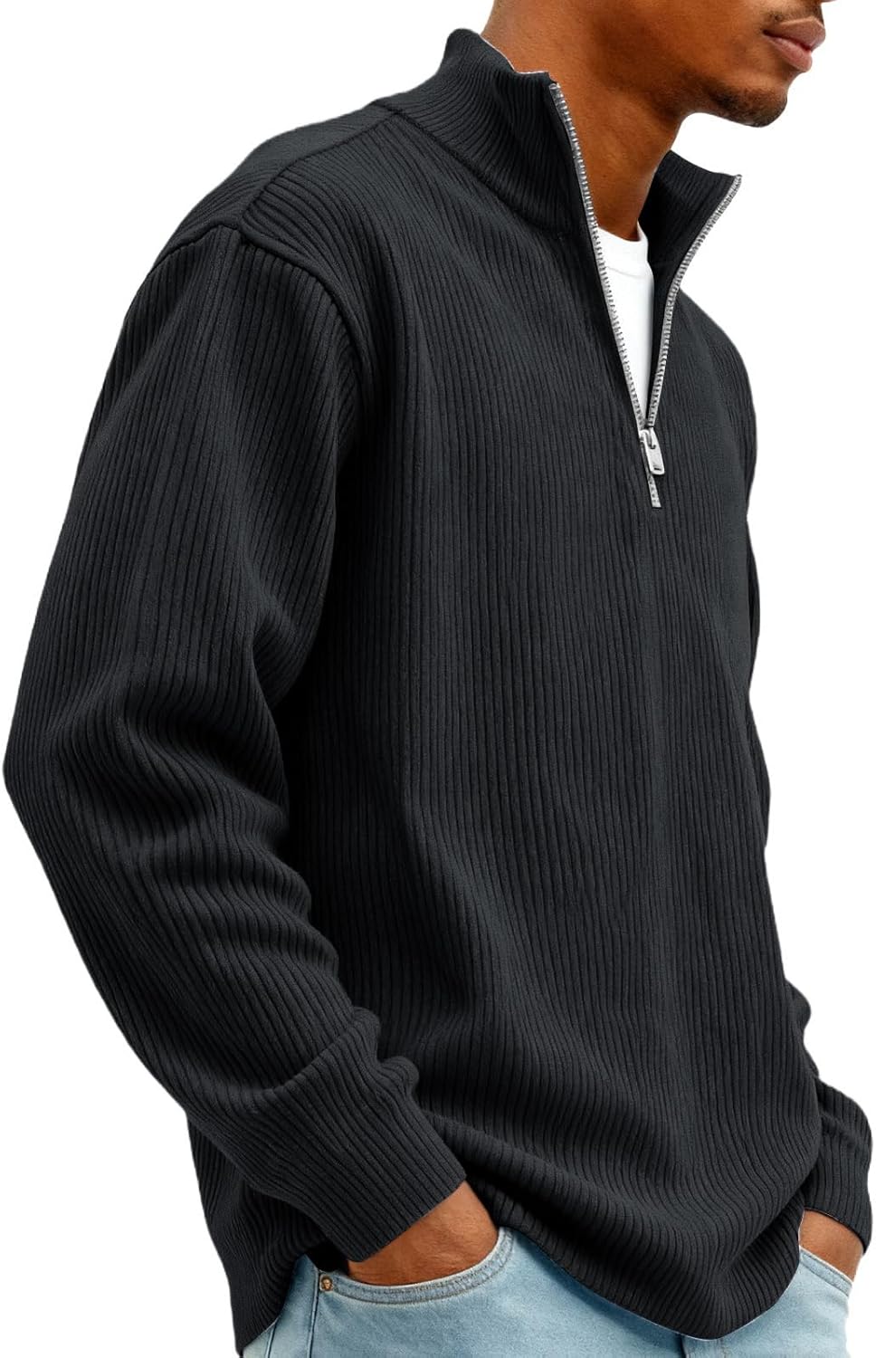 Corduroy Quarter Zip Pullover Men Big and Tall Long Sleeve Oversized Sweatshirt Stand Collar Lightweight Golf Sweater - Image 6