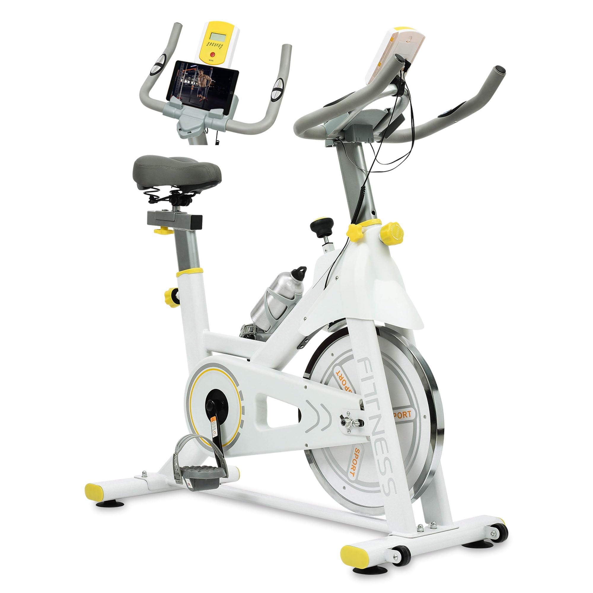 Spin Exercise Bike with Display, Indoor Bike with Silent Belt Drive，Cardio Stationary Bikes & Cycling Machine with Water Bottle & Comfortable Seat Cushion for Home, Upright