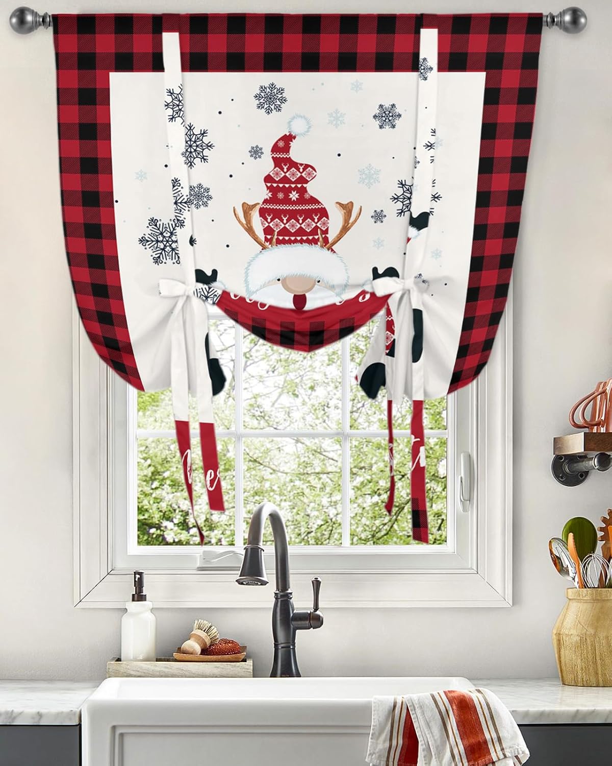 YOKOU Bow Look Tie Up Balloon Curtain, Merry Christmas Gnome Snowflake Buffalo Check Red Adjustable Rod Pocket Window Shades Drape for Living Room, Bedroom，Kitchen 1 pcs 52 x63 inch
