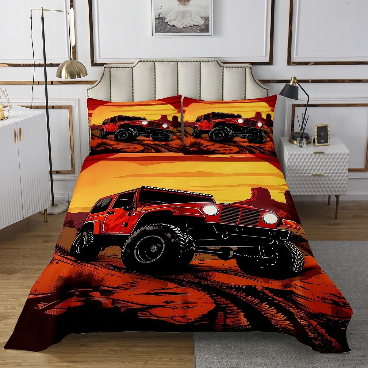 Off-Road Truck Kids Bedspread Twin Size,Adventure Vehicle Extreme Sports Games Coverlet Set,Boys Men Room Decor,Western Tropical Desert Quilted Coverlet,Red Black Bedding Quilt,1 Pillowcase