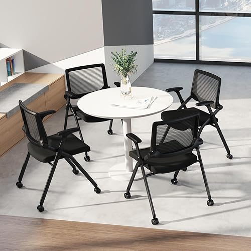 Miniatura 2 de FYLICA Silla de oficina plegable con ruedas de poliuretano y reposabrazos suave, respaldo de malla ergonómica, silla apilable para sala de
