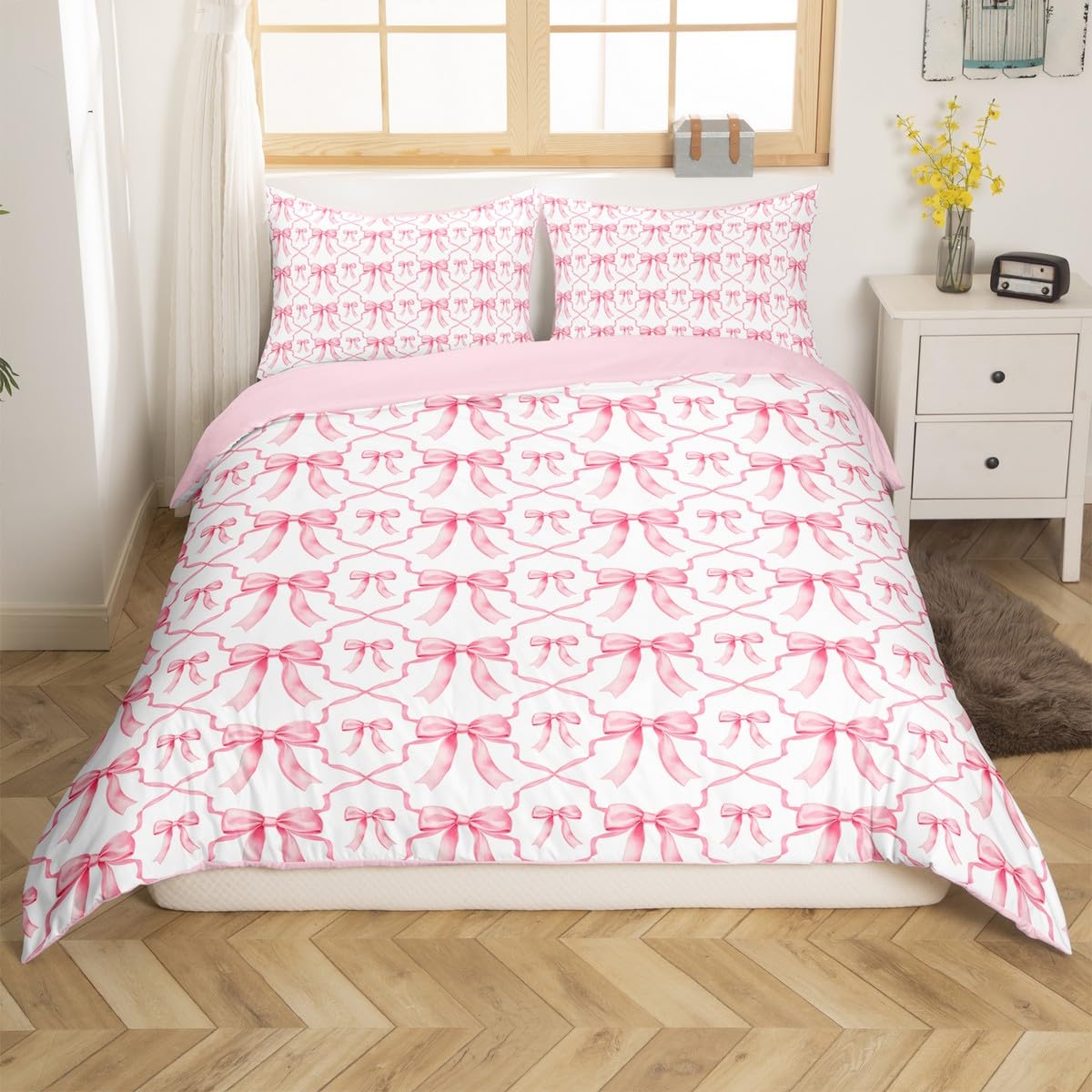 Homewish Cute Bow Bedding Set for Kids Pink Kawaii Bowknot Girls Single Duvet Cover Watercolor Bow Tie Patchwork Pink White Quilt Cover Geometric Check Bow Bed Set - Image 3