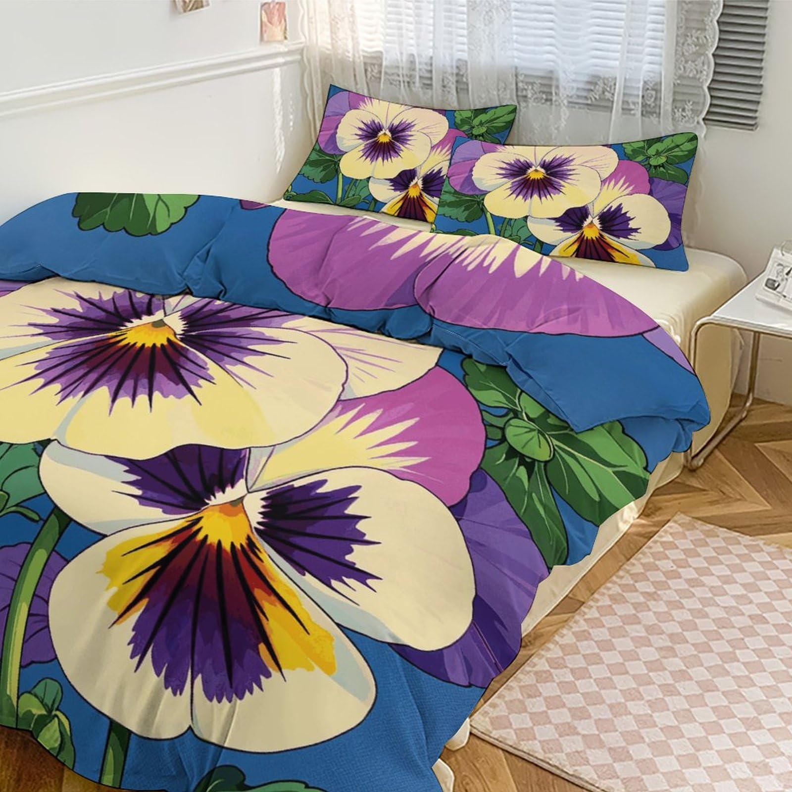Parure de lit 3 pièces pour maison et hôtel motif pensées floral