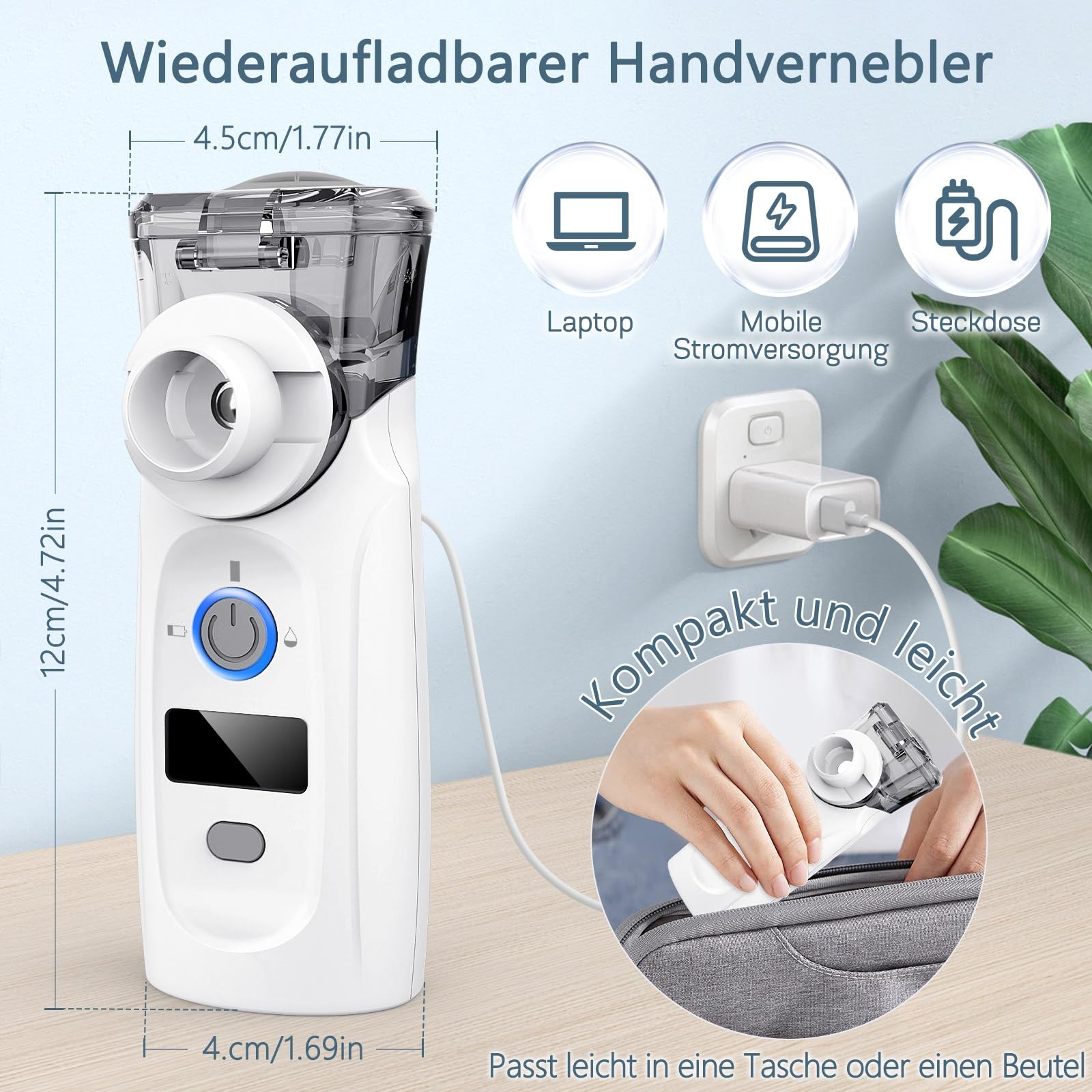 MILFECH Inhalationsgerät tragbar Vernebler Set Mit USB Wiederaufladbar, Timer und Display, inhalator verneble Masken und Mundstück für Kinder und Erwachsene (Grau)