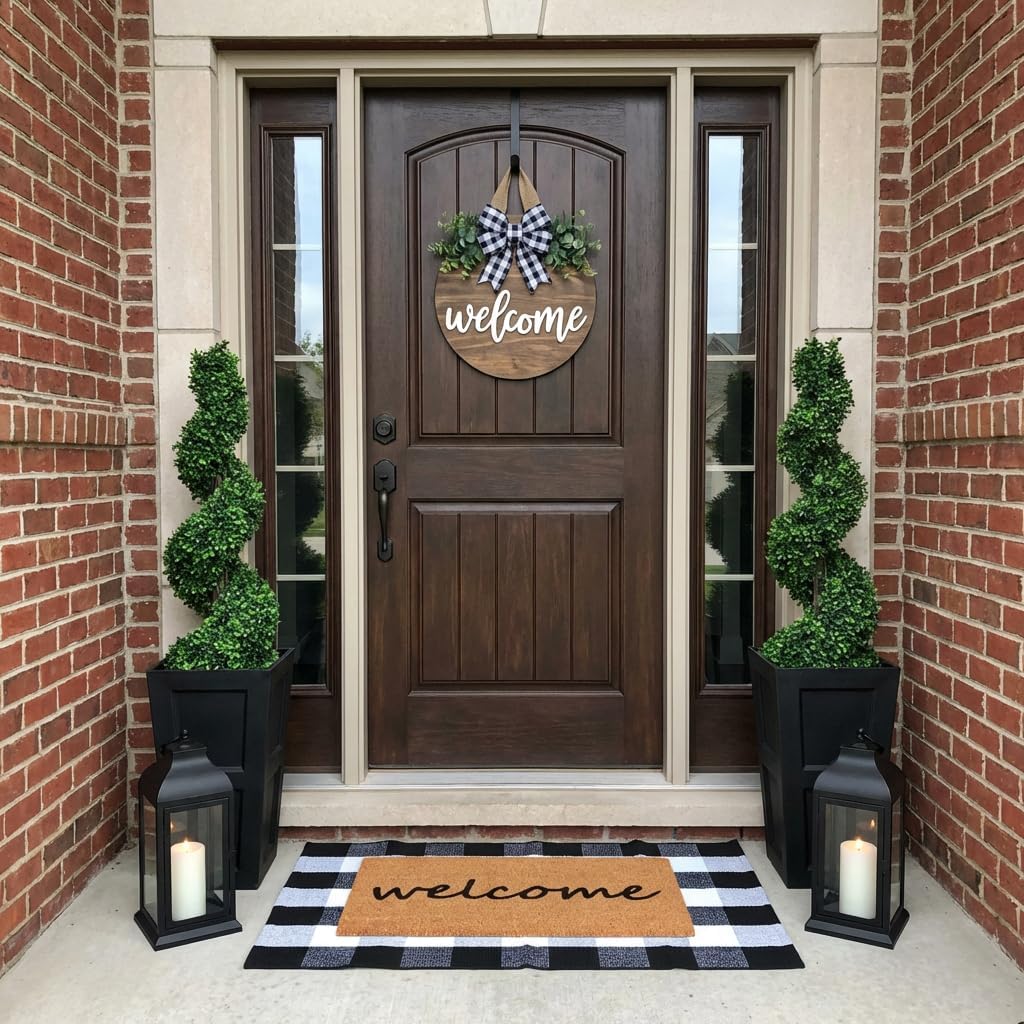 2 Pcs Welcome Doormat Set, Thick Coco Coir Door Mat + Black and White Buffalo Plaid Rug, Perfect Size Layered Floor Mat Natural Décor Non-Slip Backing Floor Mat for Front Door Entrance Entryway Porch