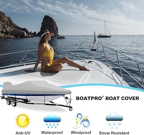 Miniatura 9 de Funda para lancha remolcable de 17 a 19 pies con cubierta de motor fuera de borda, lona marina 900D, impermeable y a prueba de rayos UV, resistente