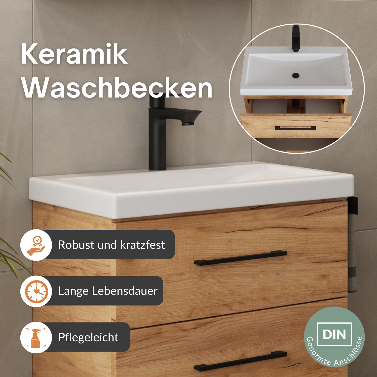 Planetmöbel Badmöbel Set Waschtisch mit Unterschrank 63 x 60 x 36,5 cm, Spiegelschrank 60 cm mit LED-Leuchte (schwarz matt) & Steckdose, Moderne Badezimmer Möbel, Gold Eiche