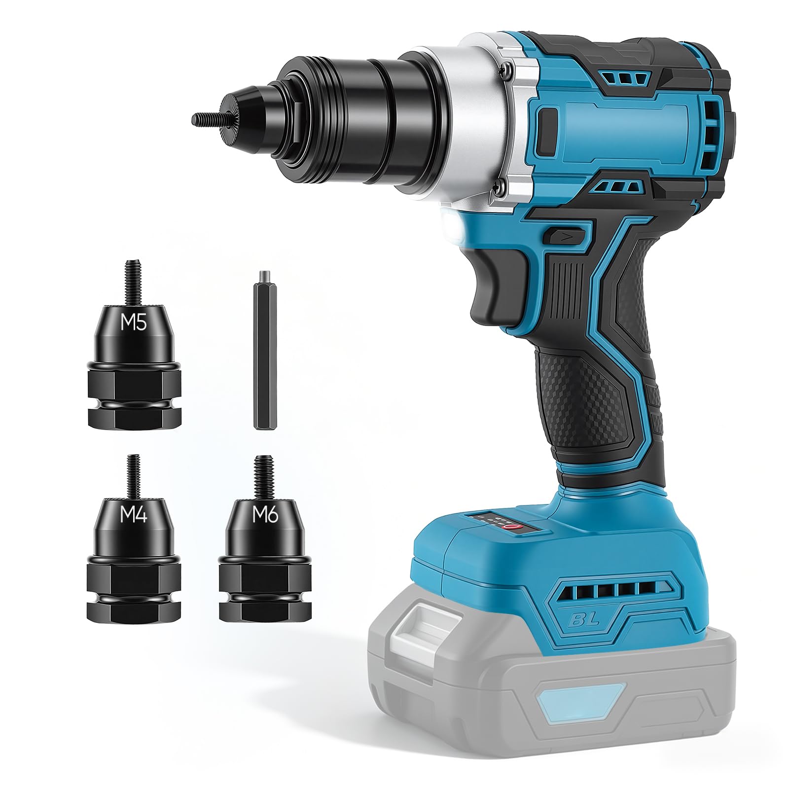 Remachadora de batería compatible con batería Mak de 18 V, herramienta de remachado eléctrica sin escobillas con dos modos, herramienta de remachado con cabezal de remache M4/5/6 para reparaciones de
