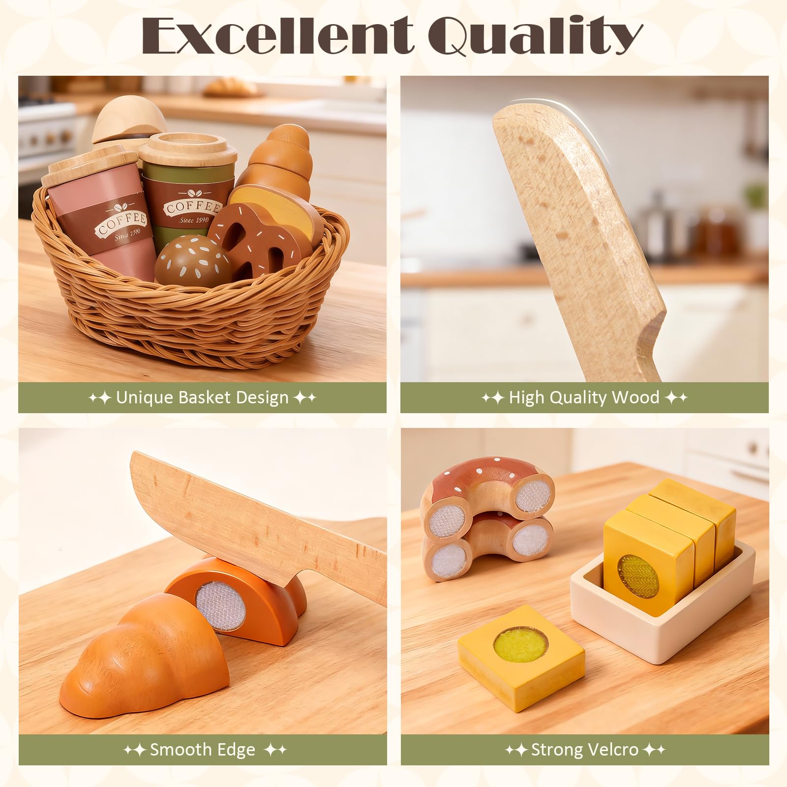 Atoylink Accesorios de Cocina para Niños de Madera, Juguetes de Panadería con Cesta y Pan, Accesorios de Cocina, Juguetes de Madera, Regalo para Niños y Niñas de 3 4 5 6 Años