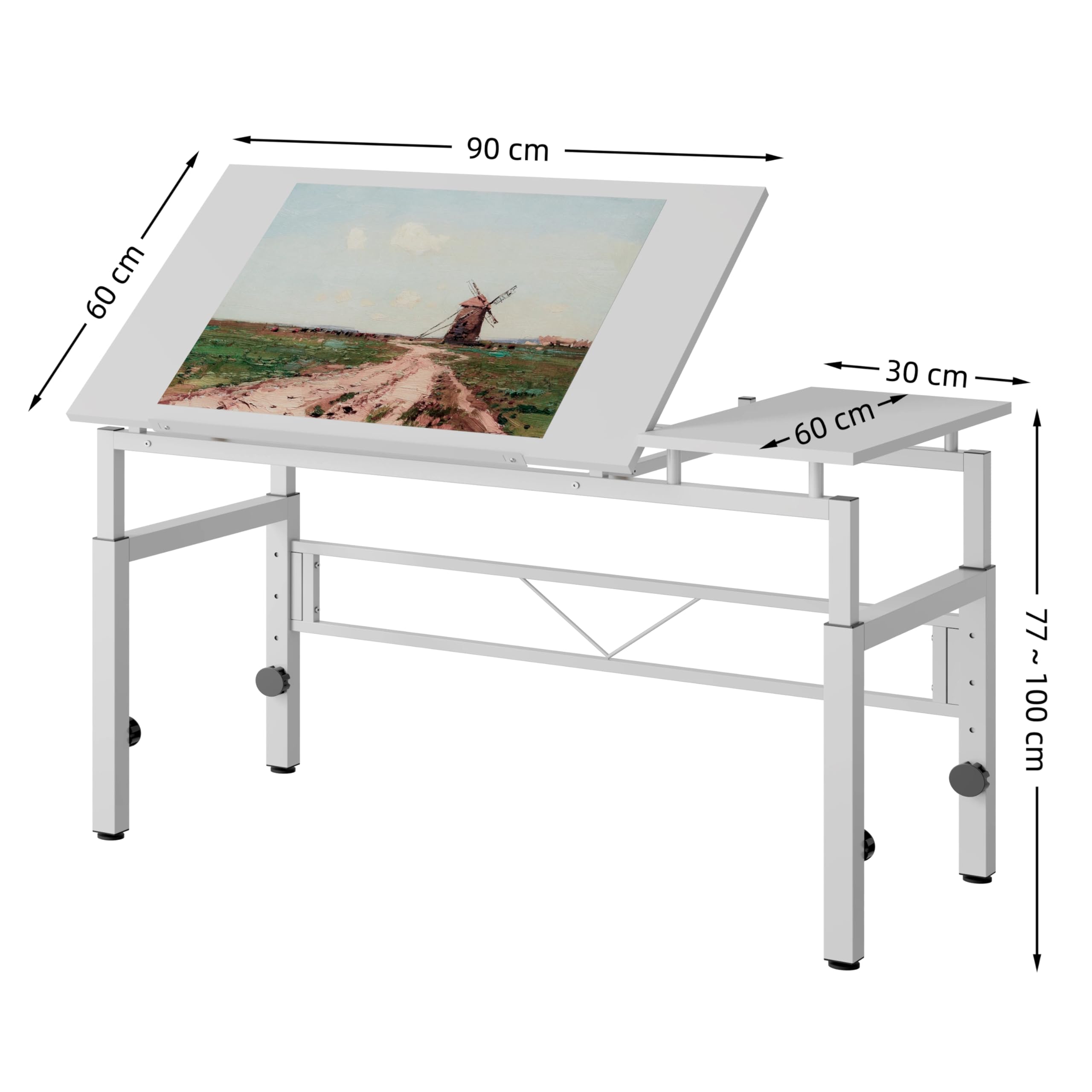 Zeichentisch mit 4 Nivellierfüßen, Schreibtisch mit Verstellbarer Tischplatte(0-60 Grad), Architektentisch, Schülerschreibtisch für Techniker, Architekten, 120x60x77-100cm, Weiß