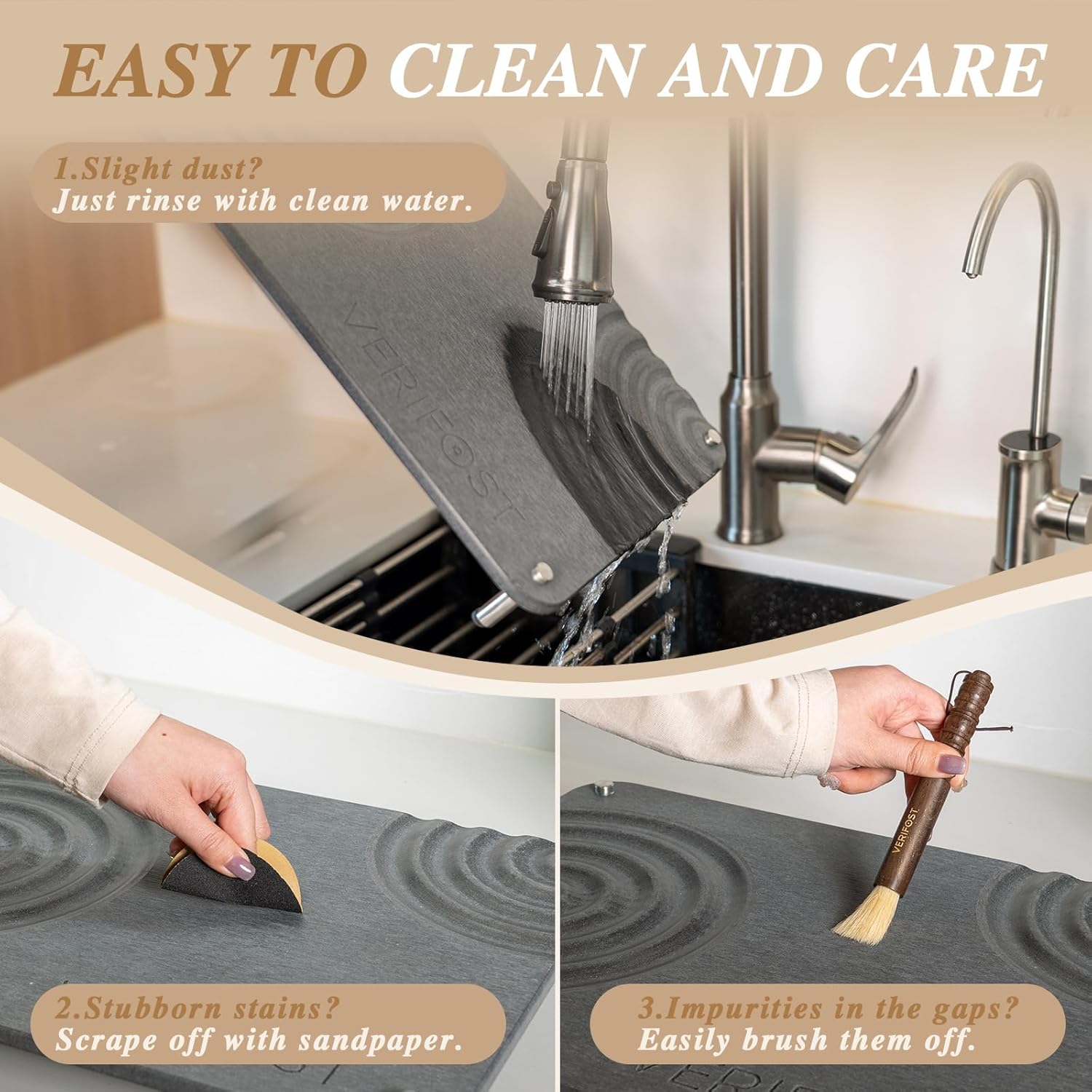 VERIFOST 2 Pcs Large Gray Stone Dish Drying Mat with Acacia Wood Holder Stand for 1 Inch Cutting Board and Fast Stone Drying Mat for Kitchen Counter with Non-slip Feet