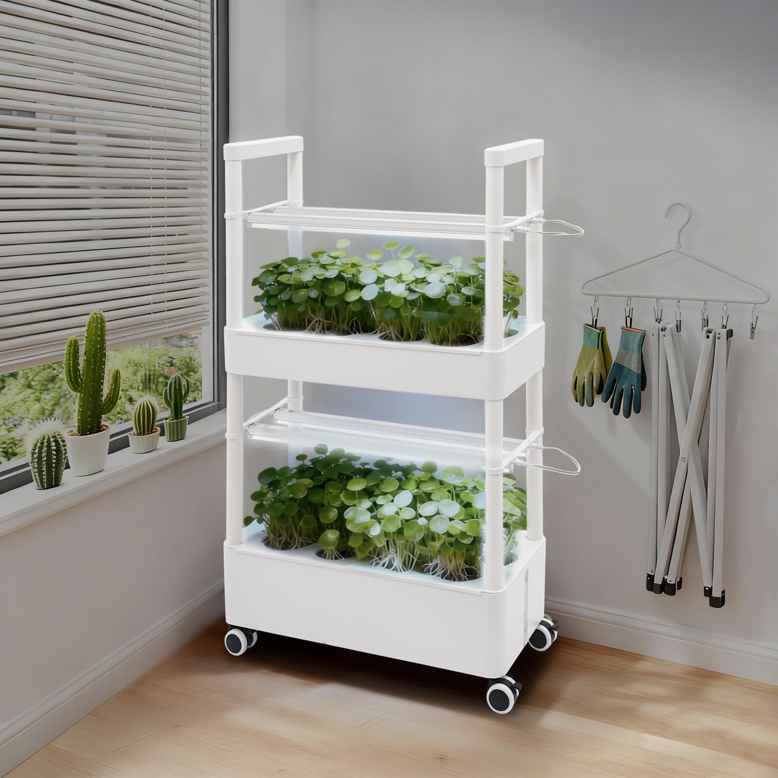 System uprawy hydroponiki, 2 poziomy, zestaw do ogrodu ziołowego, do użytku wewnątrz z 28 otworami i 4 lampami LED do uprawy roślin, system uprawy hydroponiki z PCW, z hamulcami, do kuchni i salonu