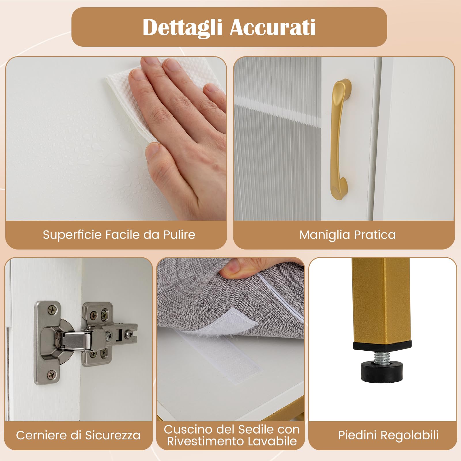 COSTWAY Toeletta da Trucco con Luci Regolabile, Tavolo da Toeletta Angolare con Triplo Specchio, Sgabello, Mensole Aperte e Armadietto, 2 Sacchetti in Tessuto, per Soggiorno Camera da Letto