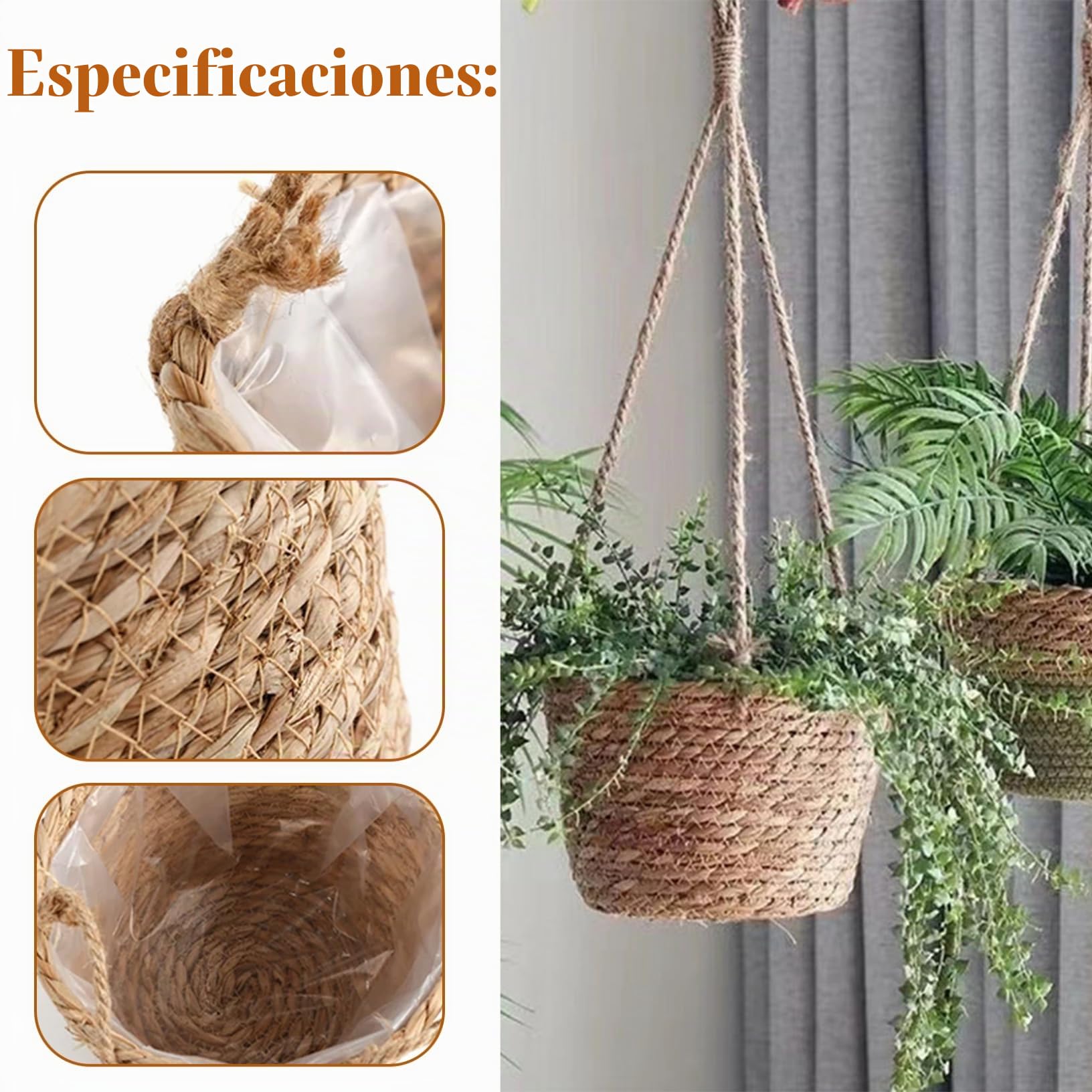 Cesta colgante de plantas de 3 piezas, cesta colgante de mimbre de 8x5 pulgadas para plantas, macetero tejido de interior con cuerda, de macetas rústicas bohemias para interiores, hogar y ofi
