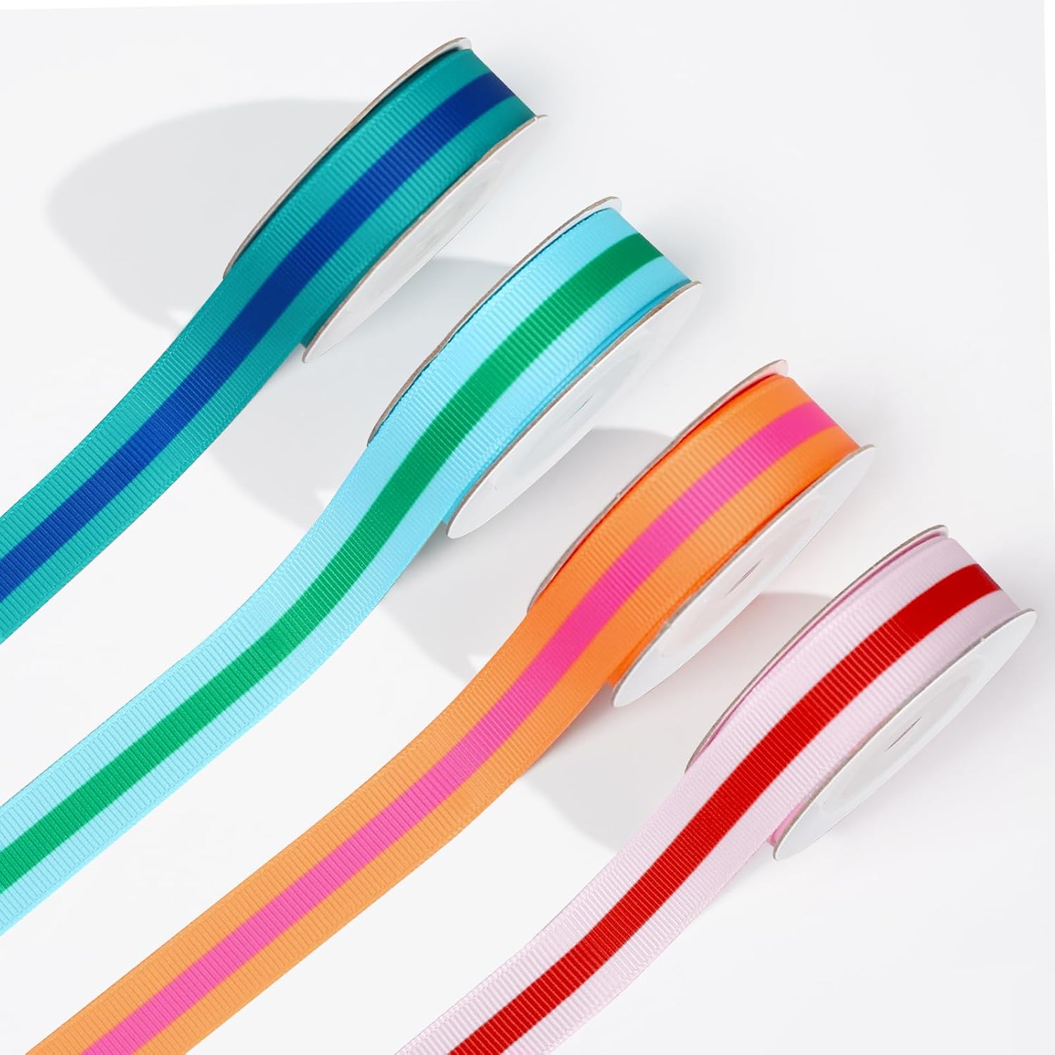 FYSUIMU Stripe Grosgrain Ribbon 0.6 Inch Summer Colorful Fabric Wrapping Ribbon for Pride Day Spring Holiday Gift Cake Present Wrapping DIY Crafts Wreath Hair Bow Making Supplies, 4 Rolls, 20 Yard