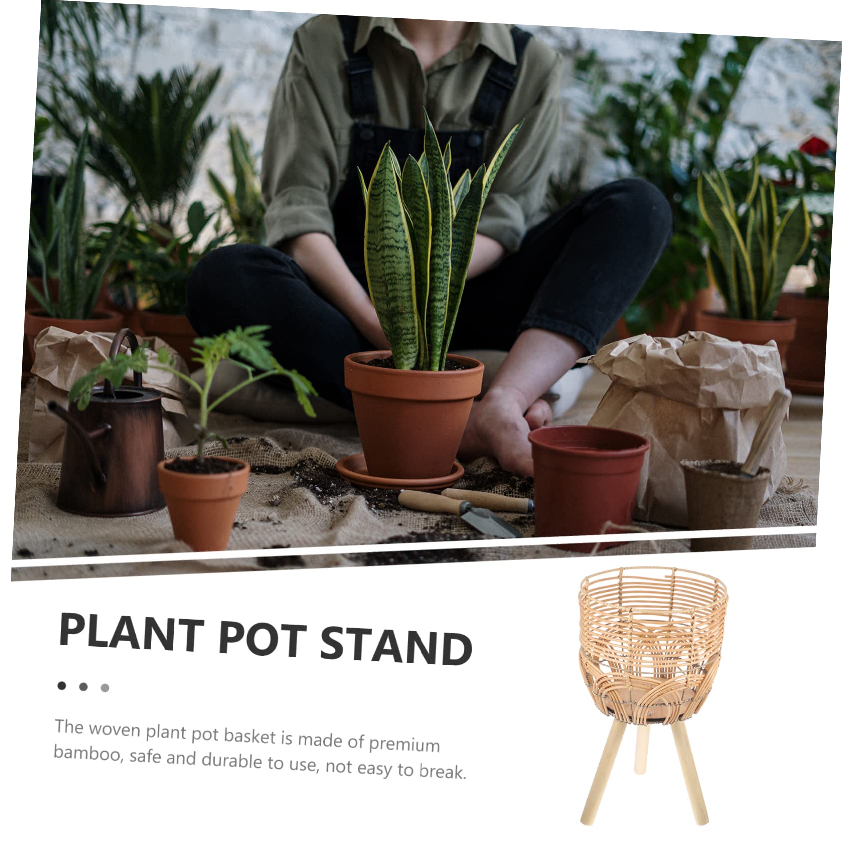 Support pour Plantes en Bambou Tressé sur Pieds, Style Rustique