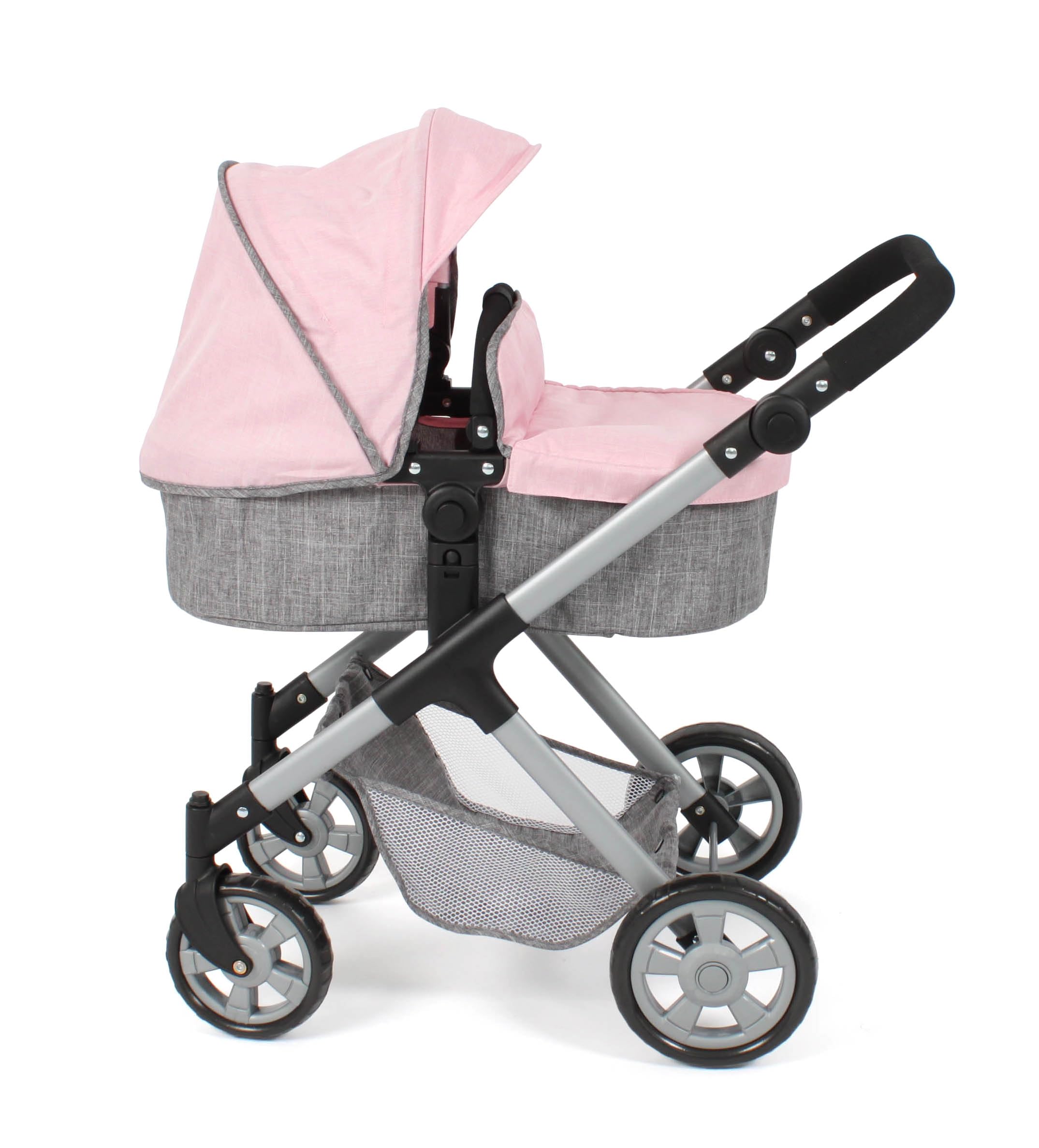 Bayer Chic 2000 Cochecito de muñecas Mila 2 en 1, Color Gris y Rosa, Mango Regulable en Altura de 39 a 72 cm, Estructura Moderna, muñecas de hasta 50 cm, 3-7 años