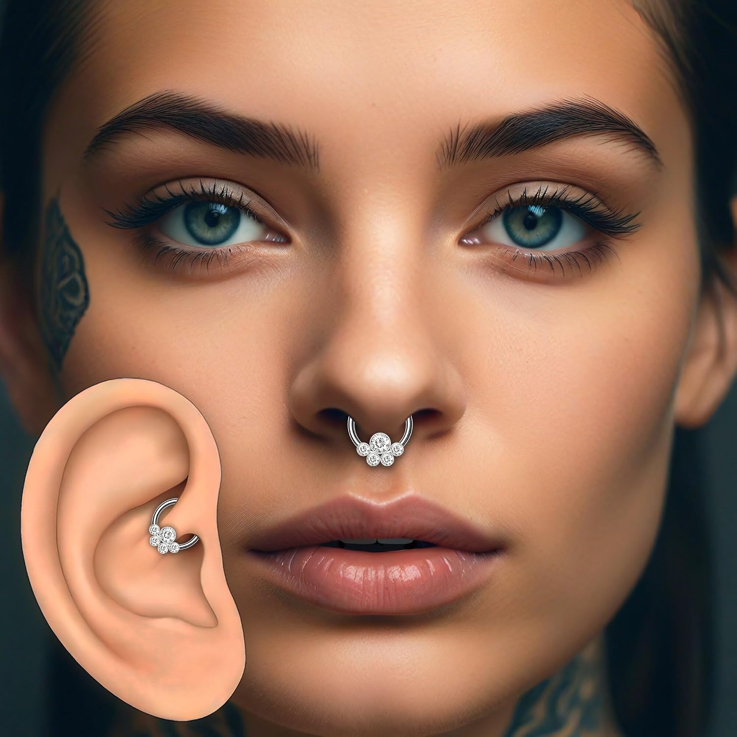 Surgical Steel Clicker Ring with Five Crystals Bezel Set, Elegant Nose Hoop Septum Jewelry Daith Earring Piercing Ring for Piercings