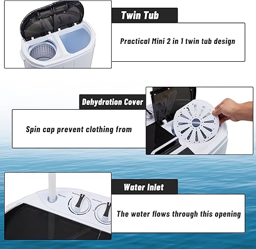 Miniatura 5 de Lavadora portátil compacta de doble tina, mini lavadora, lavadora (9 libras) y giratoria (6.8 libras), lavadora portátil con combinación de ciclo de