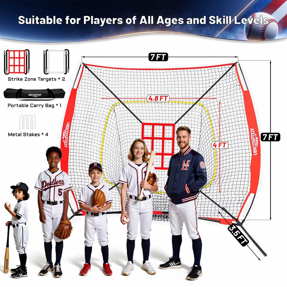 UbiCoSptJoy 7x7 ft Baseball & Softball Practice Net with Strike Zone Targets & Carry Bag – Heavy Duty Training Net for Hitting, Pitching & Fielding – Includes 9-Pocket & Framed Target + Ground Stakes