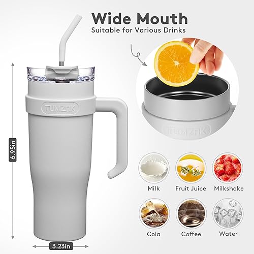 Miniatura 5 de Vaso de 40 onzas con asa y tapa con pajilla, doble pared aislada al vacío, de acero inoxidable, botella de agua reutilizable a prueba de fugas para